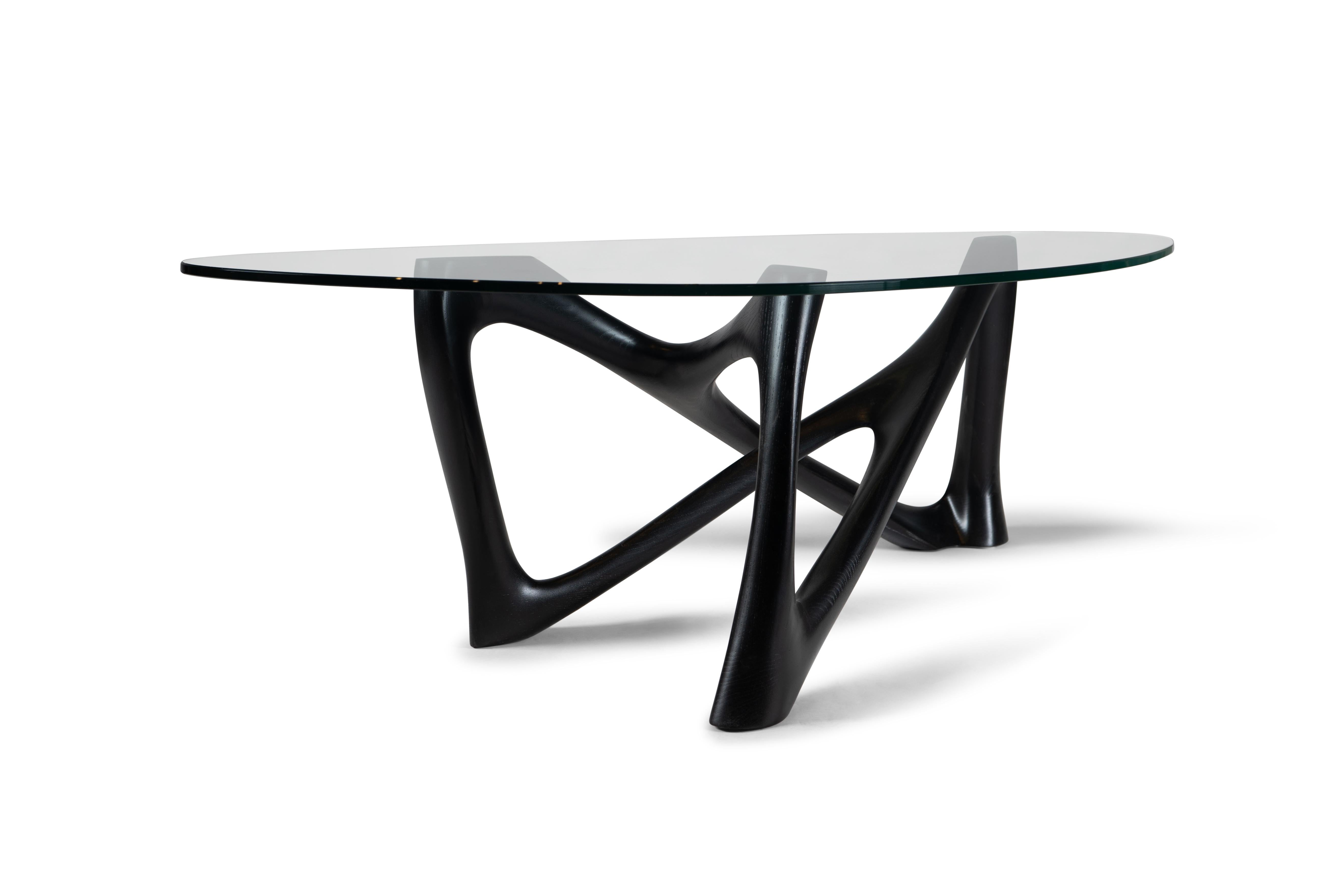 Carved Amorph Walanty Modern Coffee Table Solid Ebony stain on Ash with Tempered Glass For Sale