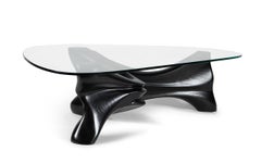 Zen Coffee table, Ebony stain, Ash wood, tempered organic shape glass by Amorph