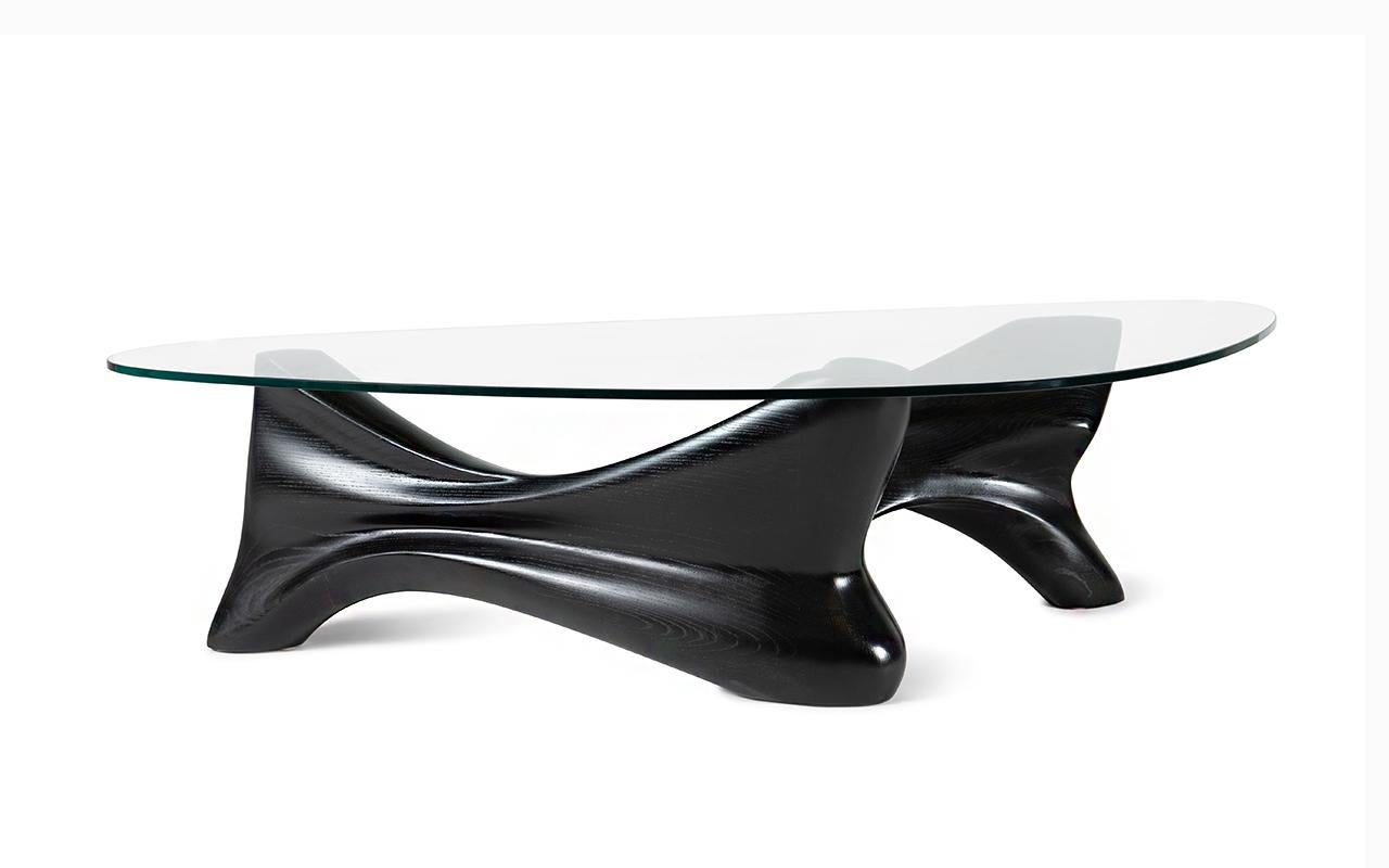 Zen-Couchtisch, Ebenholzbeschichtung, Ebenholz-Ebenholz, Eschenholz-Eschenholz, gehärtetes organisches Glas von Amorph (Organische Moderne) im Angebot