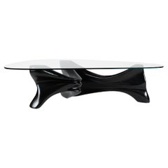 Zen Coffee table, Ebony stain, Ash wood, tempered organic shape glass by Amorph