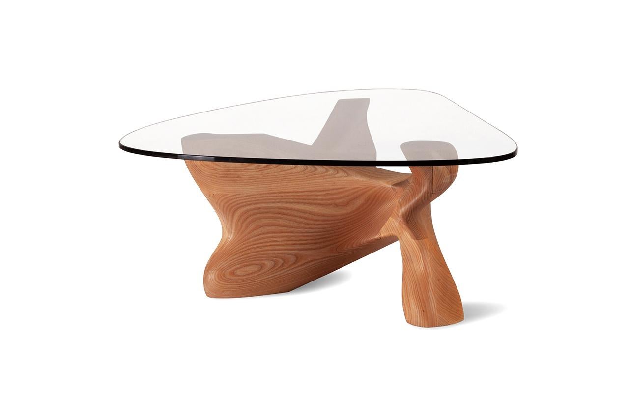 Organic Modern Amorph Zen Modern Coffee Table in Solid Wood with Honey Stain and Glass For Sale