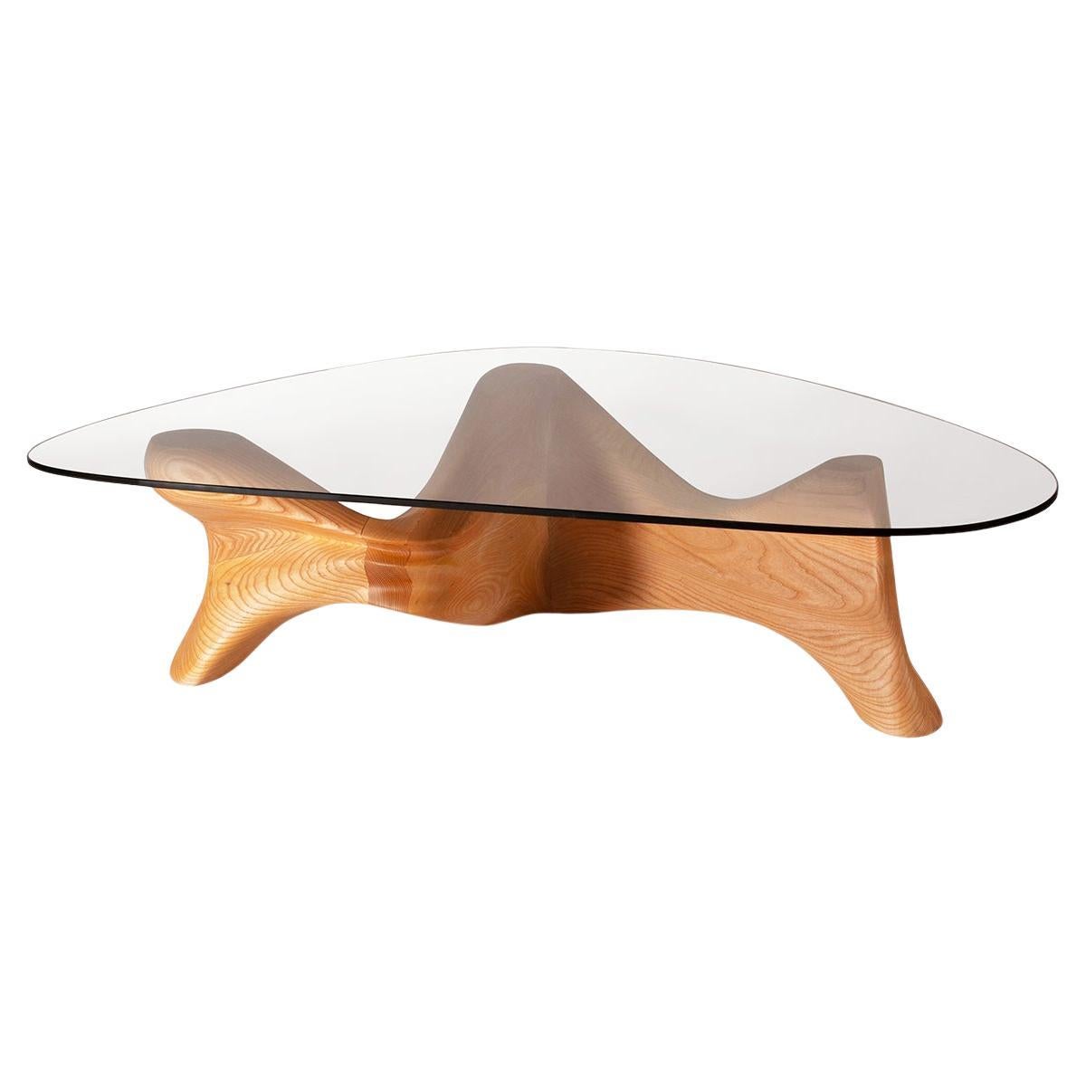 Amorph Zen Modern Coffee Table in Solid Wood with Honey Stain and Glass For Sale
