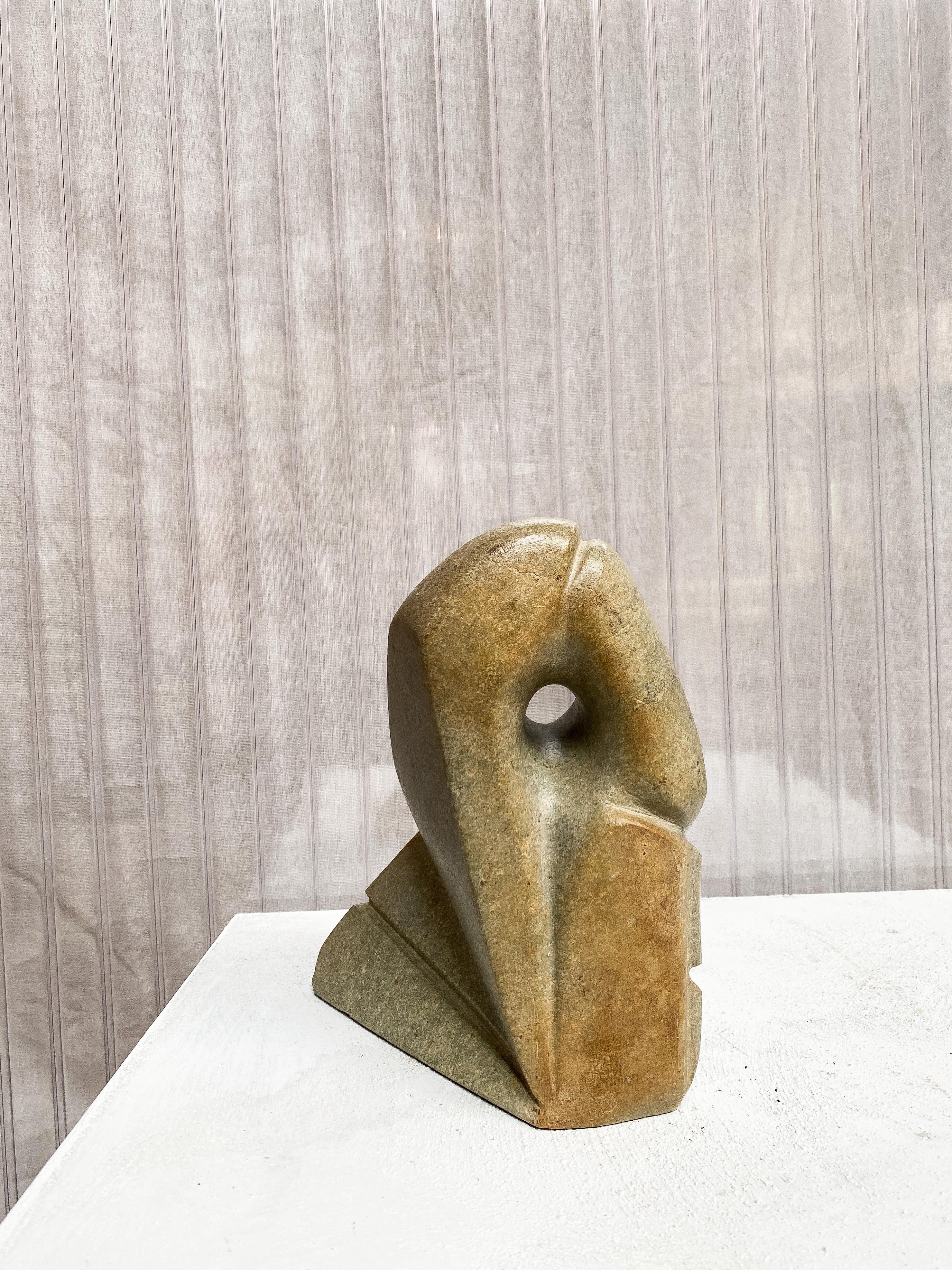 Hand-Carved Organic shaped Abstract Mid-Century Sculpture in Greenish Stone, Hand Carved For Sale