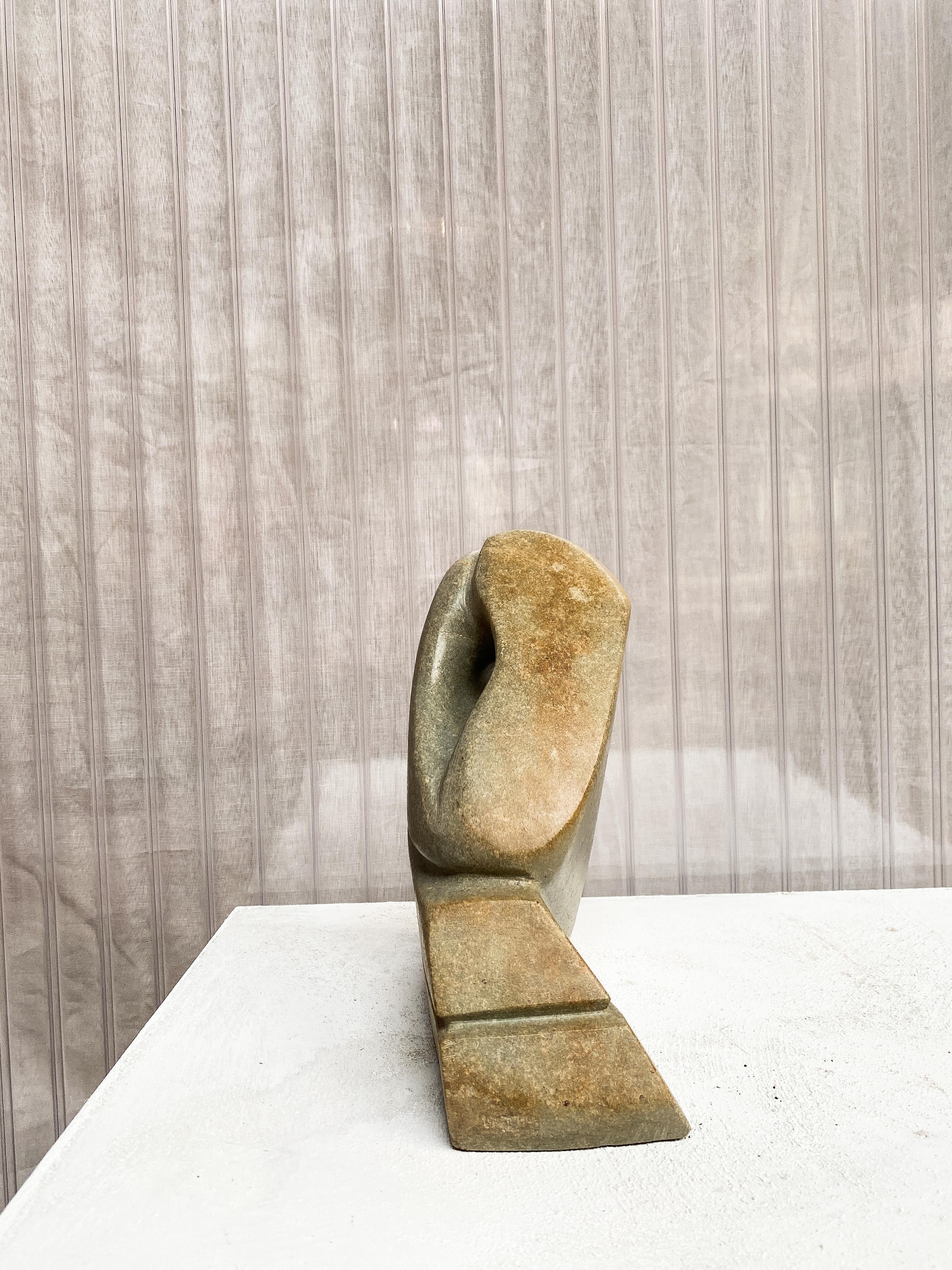 Organic shaped Abstract Mid-Century Sculpture in Greenish Stone, Hand Carved For Sale 1