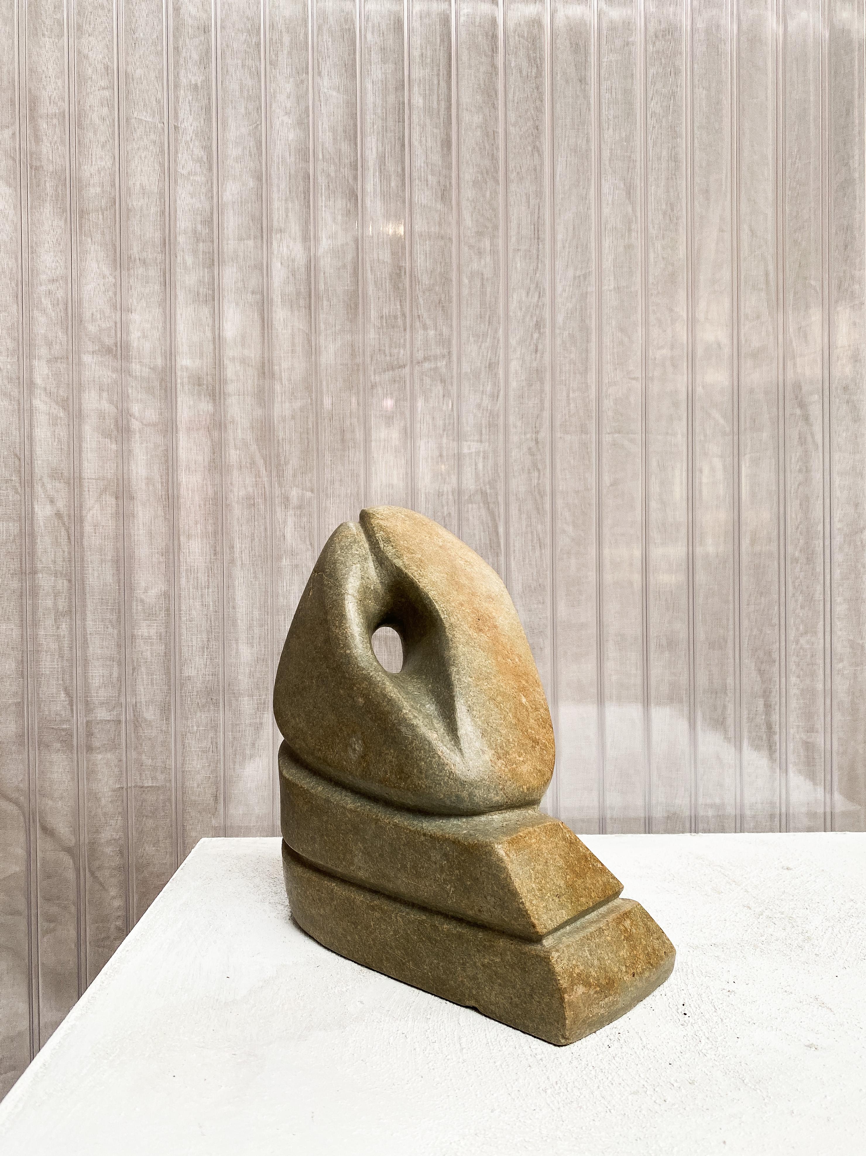Organic shaped Abstract Mid-Century Sculpture in Greenish Stone, Hand Carved For Sale 2