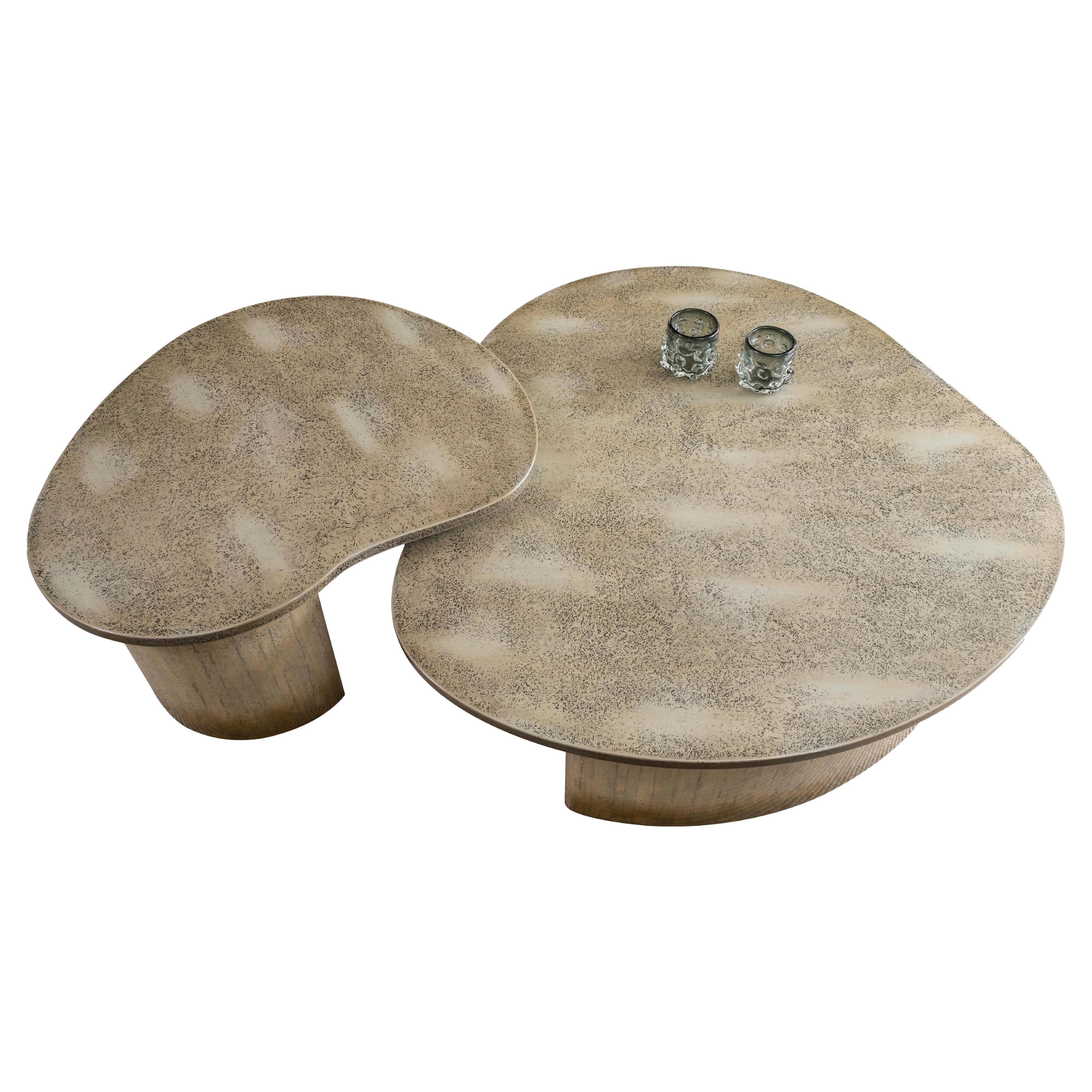 Coffee Table, Lacquered Wood in Handmade Textured Finish, Amorphous 