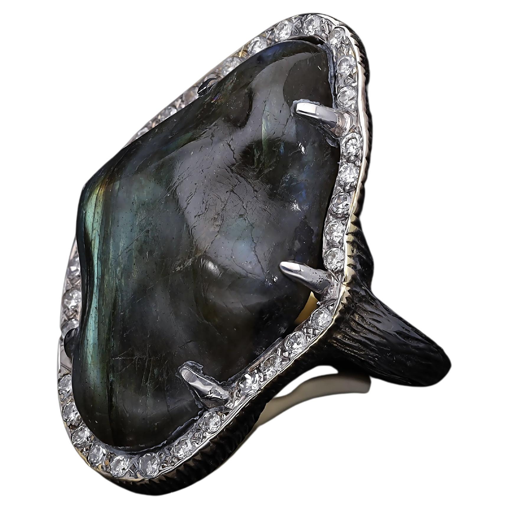 Amorpher Labradorit-Ring 14 K Gold Diamanten