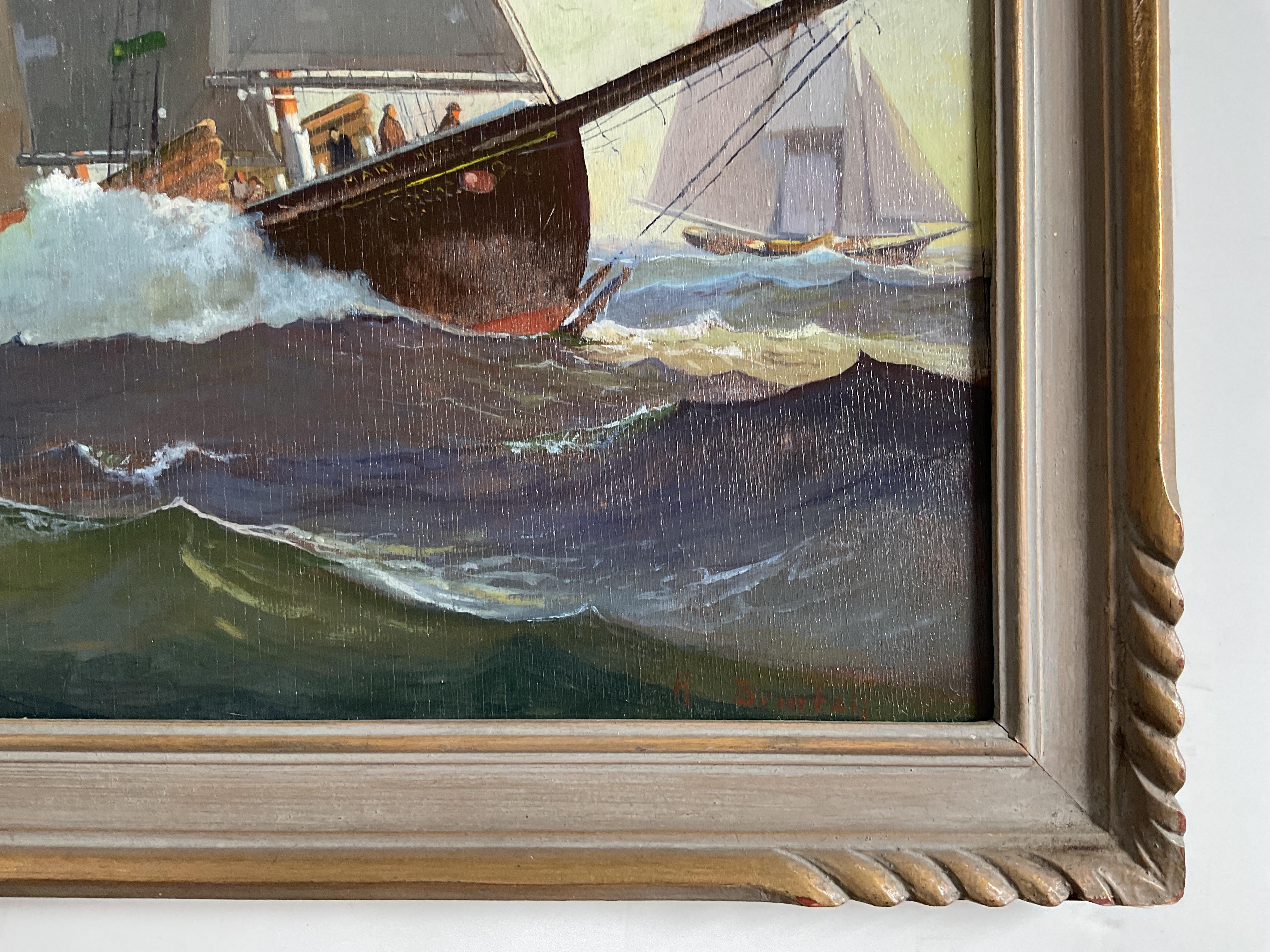 Pittura ad olio d'epoca su regata di yacht dell'artista quotato Amos C.C. Brinton (1888-1982) - Landscape Painting Marrone di Amos C. Brinton