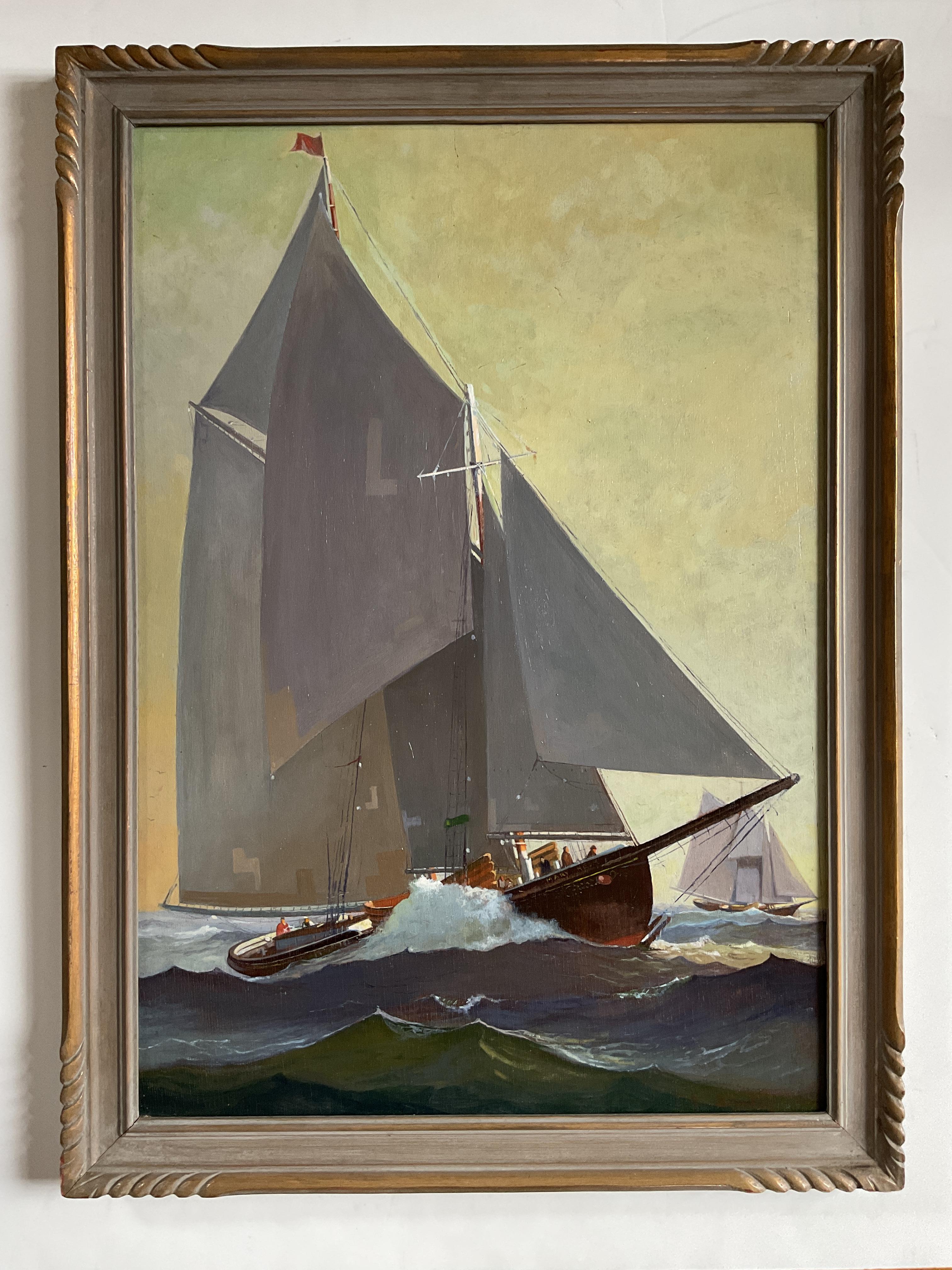 Pittura ad olio d'epoca su regata di yacht dell'artista quotato Amos C.C. Brinton (1888-1982)