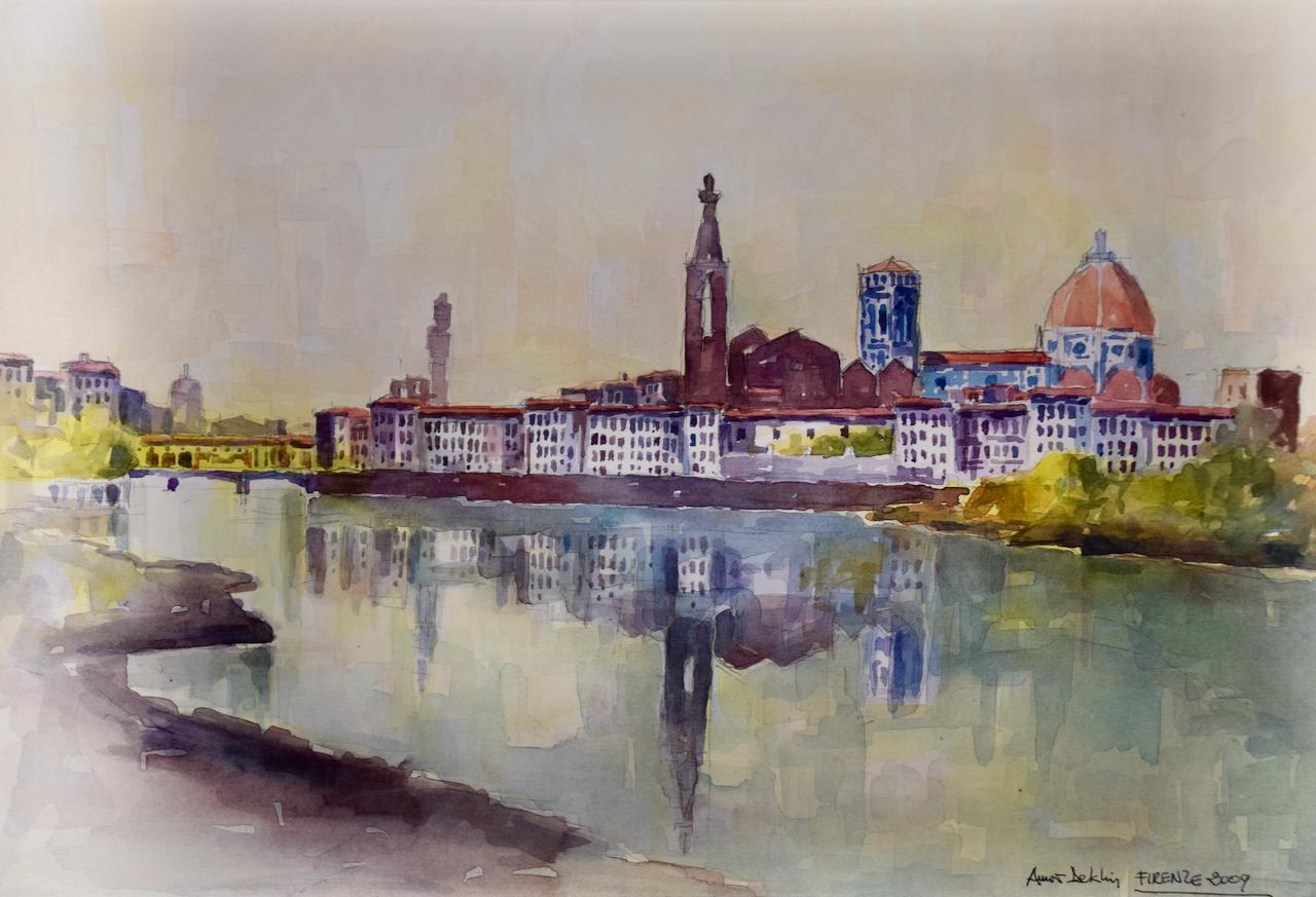 View of Florence (Franzose): Original gerahmtes Aquarellgemälde von Amos Deklin im Angebot 1