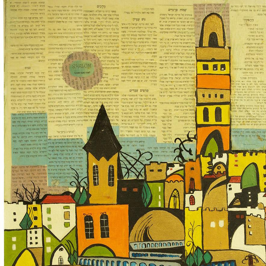 Holbrook creates an abstract cityscape of Jerusalem by overlaying geometric shapes with vivid colors that take the form of buildings, on top of a collaged background of Hebrew text.