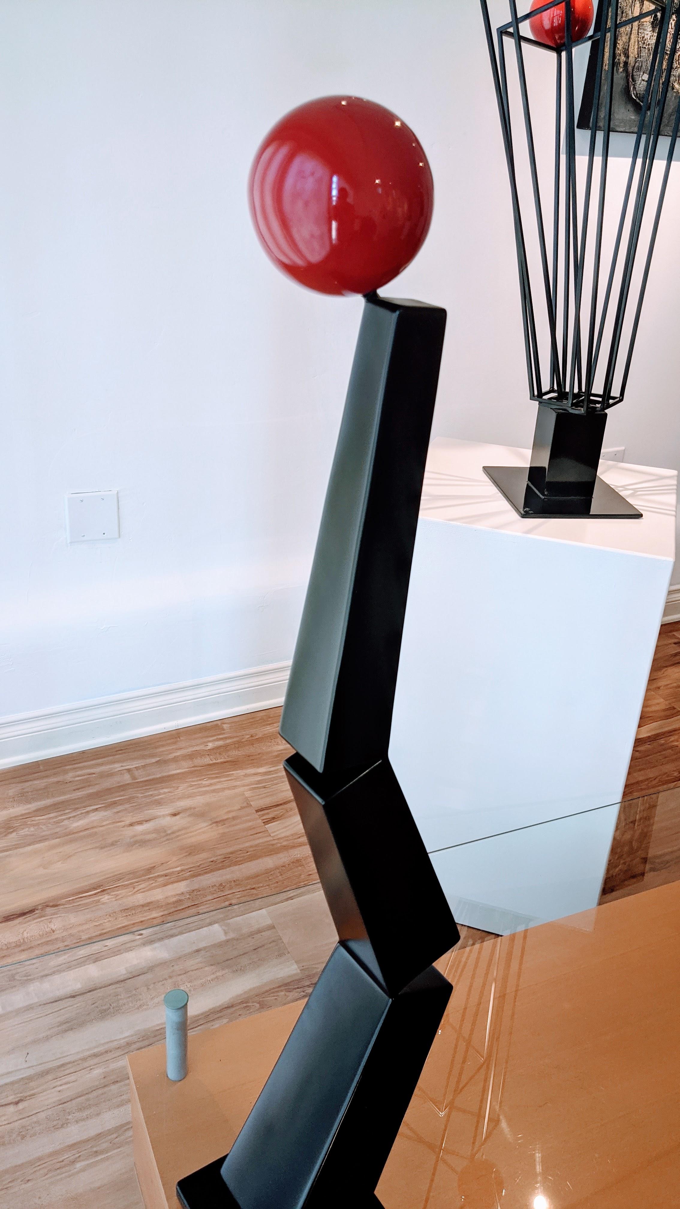 Circle, Red, Black, Steel, Balance, Outdoor, Indoor, Sculpture - Gray Abstract Sculpture by Amos Robinson