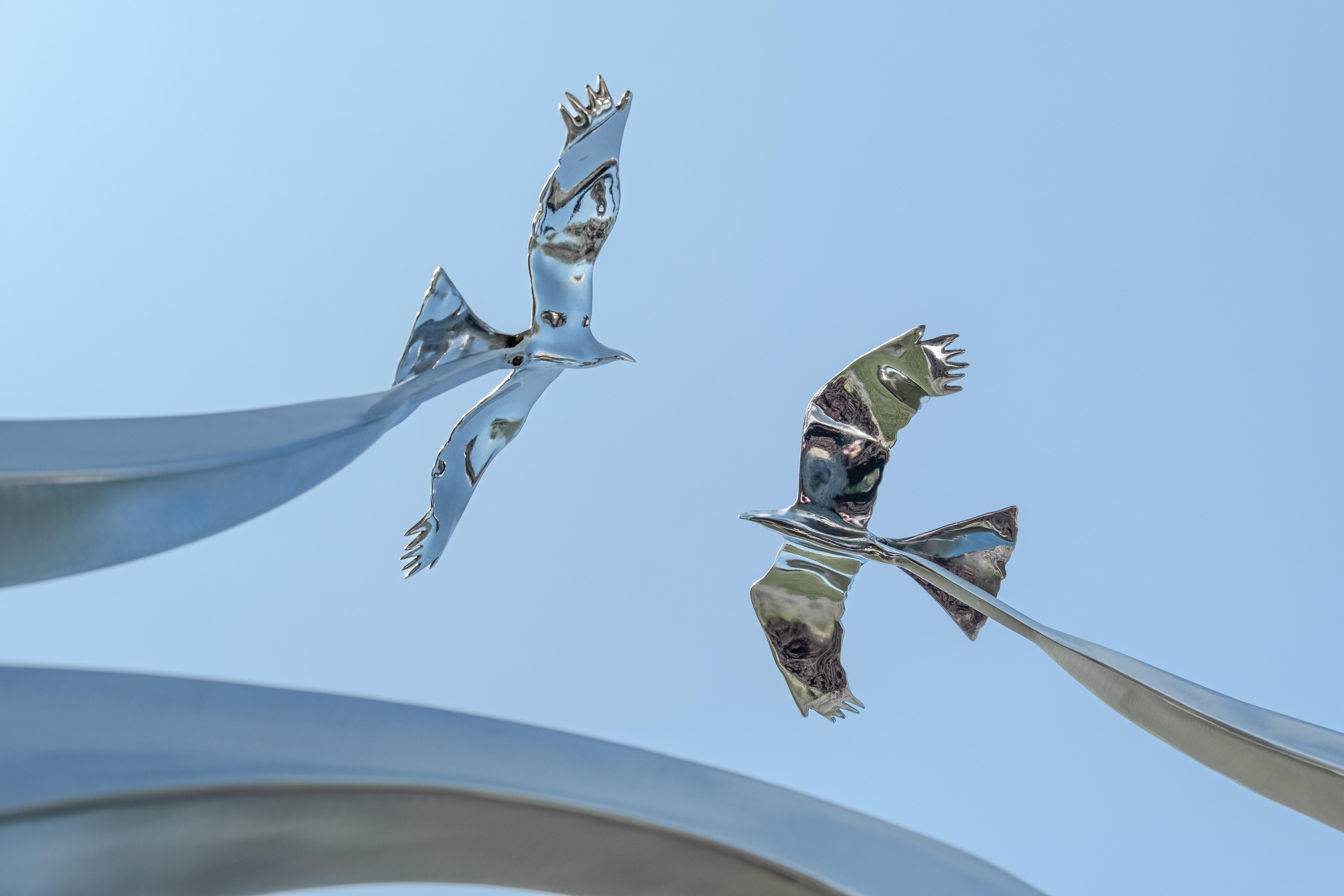 Crossing Paths (Birds in Flight) - figurative, kinetic stainless steel sculpture For Sale 3