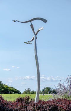 Crossing Paths (Birds in Flight) - figurative, kinetic stainless steel sculpture