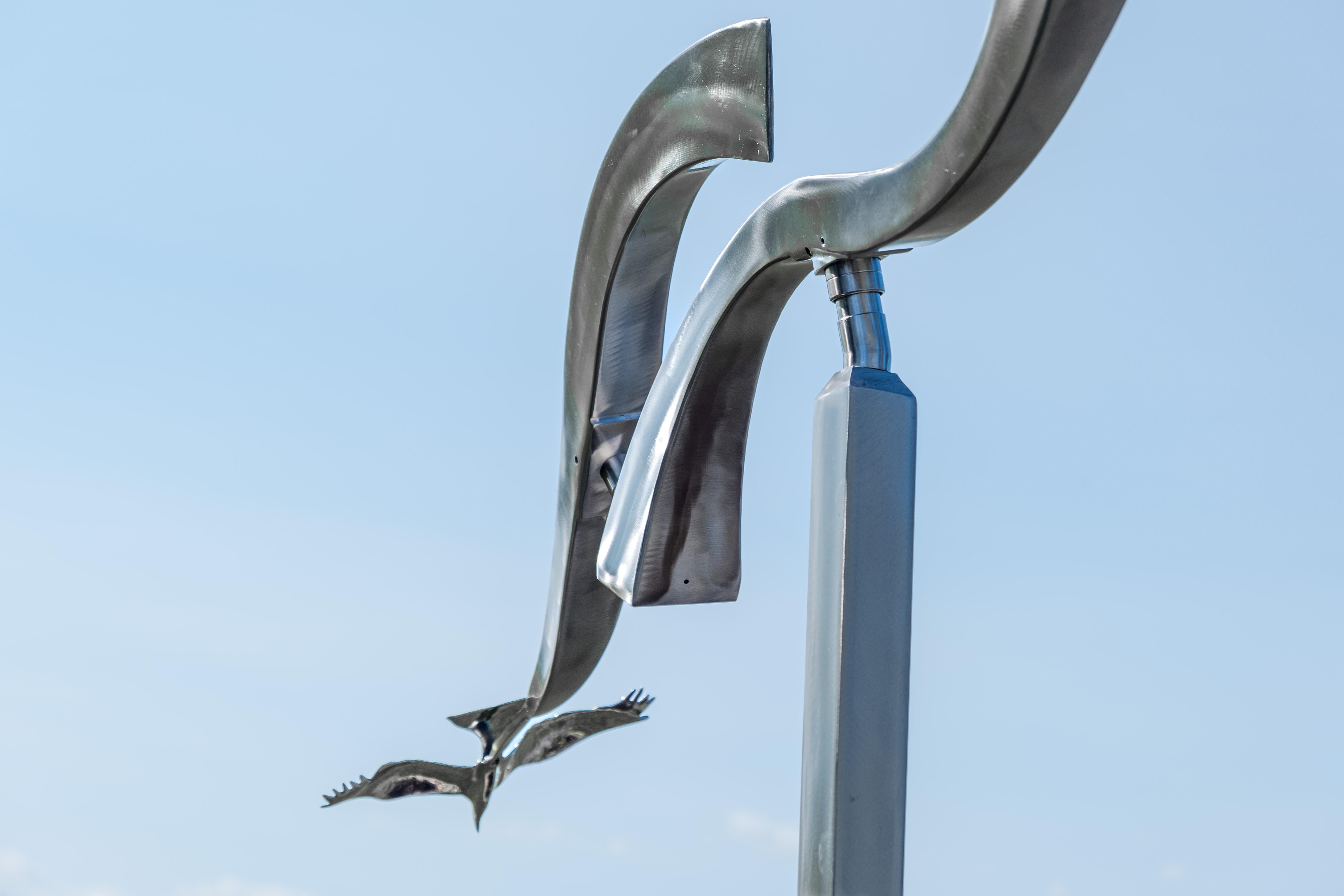 Crossing Paths (Birds in Flight) - figurative, kinetic stainless steel sculpture - Blue Figurative Sculpture by Amos Robinson
