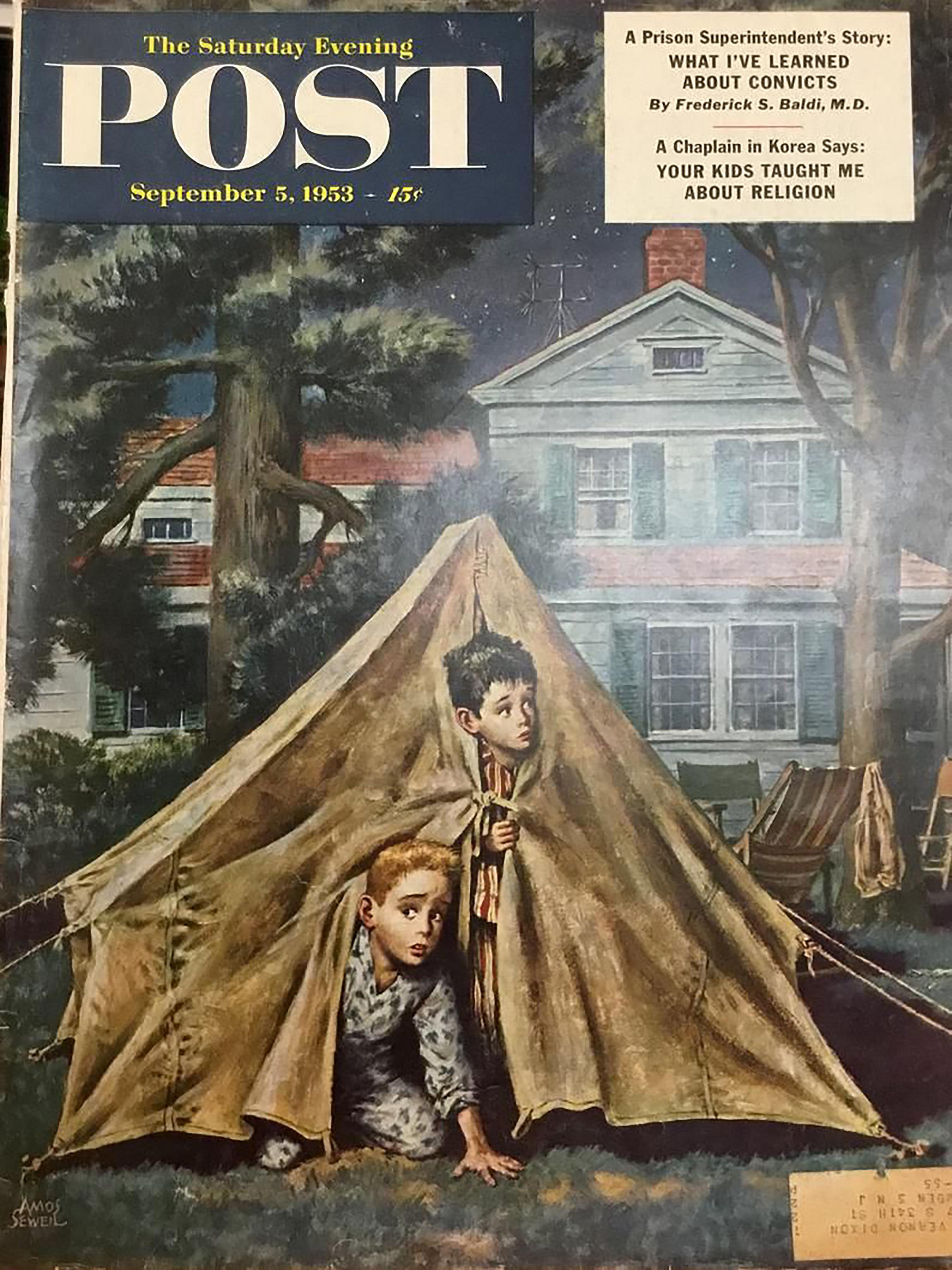 Backyard Campers, The Saturday Evening Post Cover - Blue Figurative Painting by Amos Sewell