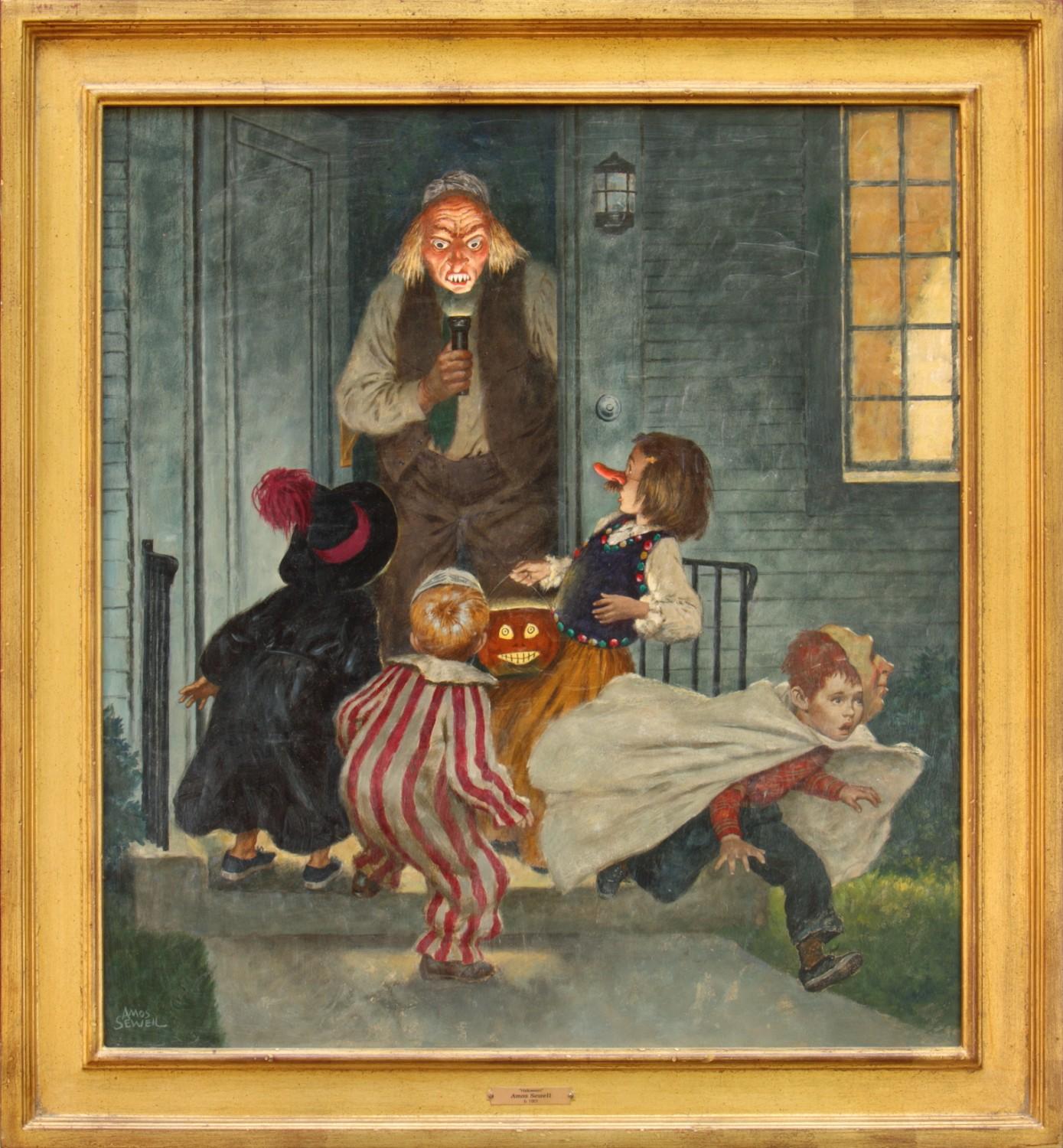 Tricking Trick-or-Treaters, Portada de Halloween para The Saturday Evening Post - Painting de Amos Sewell