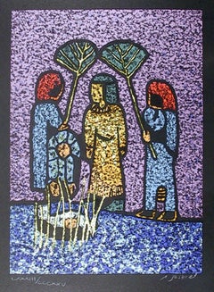 Vintage Fans, Signed Folk Art Screenprint by Amos Yaskil