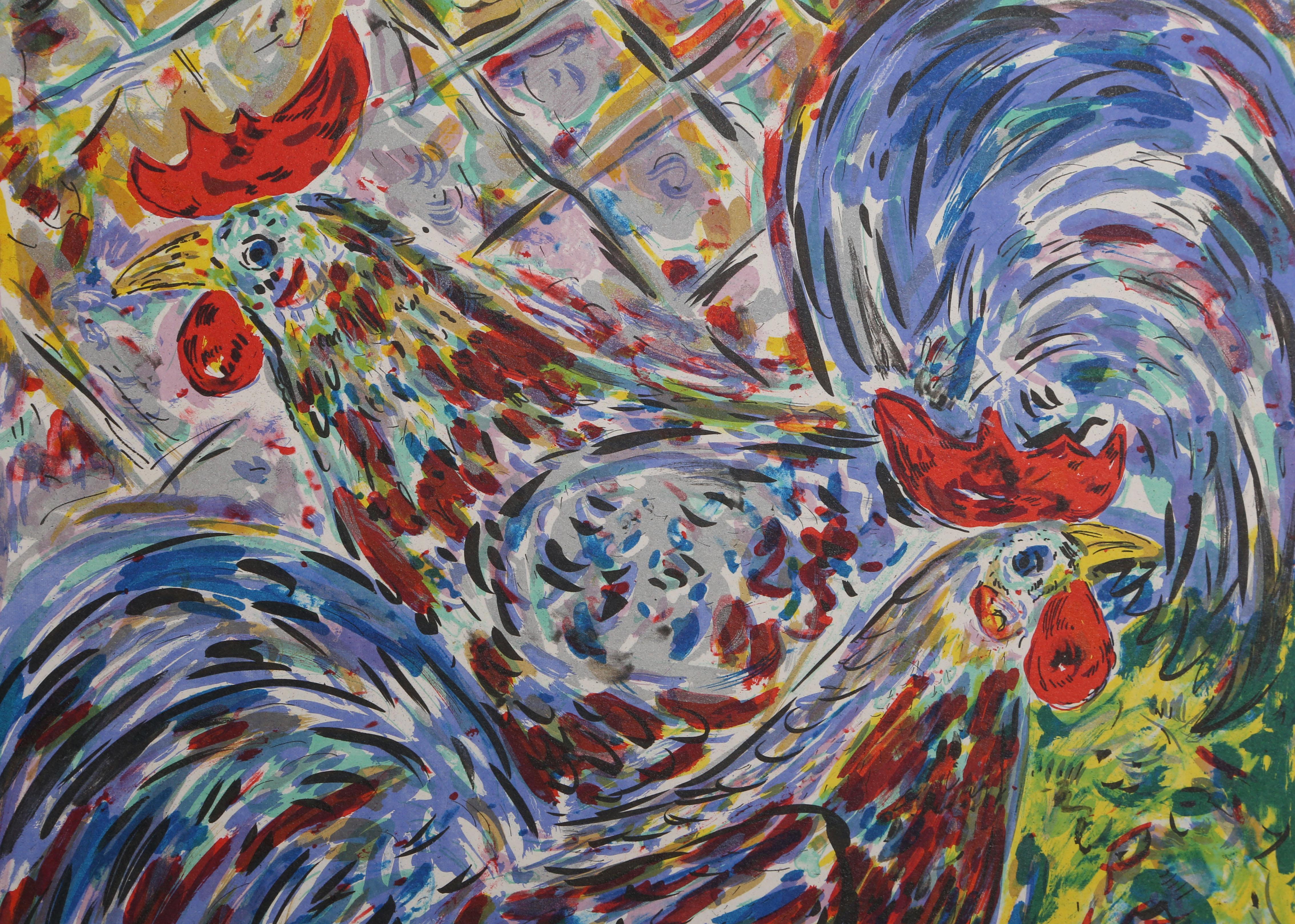 Gallos, litografía impresionista firmada por Amos Yaskil en venta 2