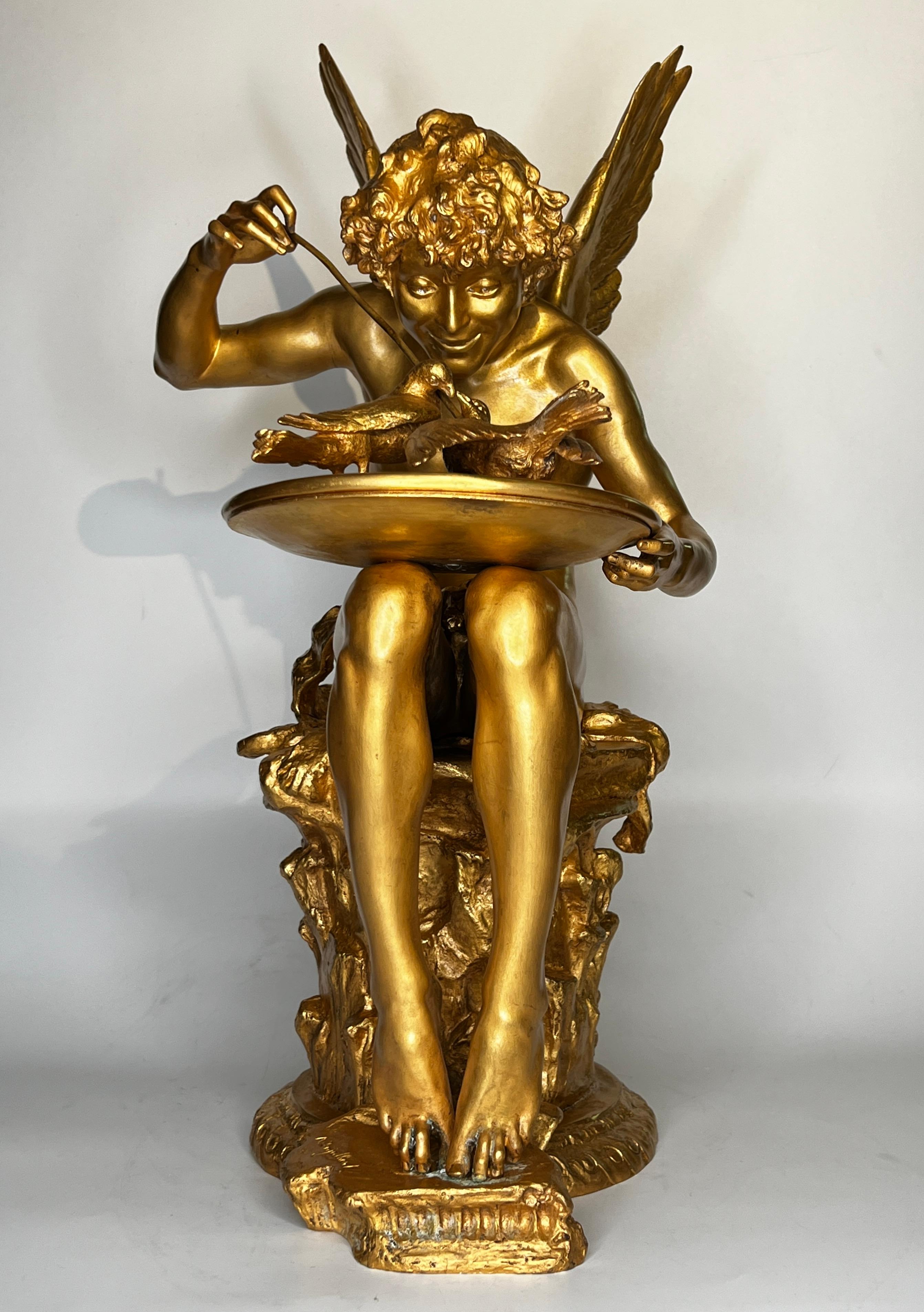 20ième siècle Amour Aux Colombes - Sculpture en bronze doré d'après Jean Antoine Injalbert en vente