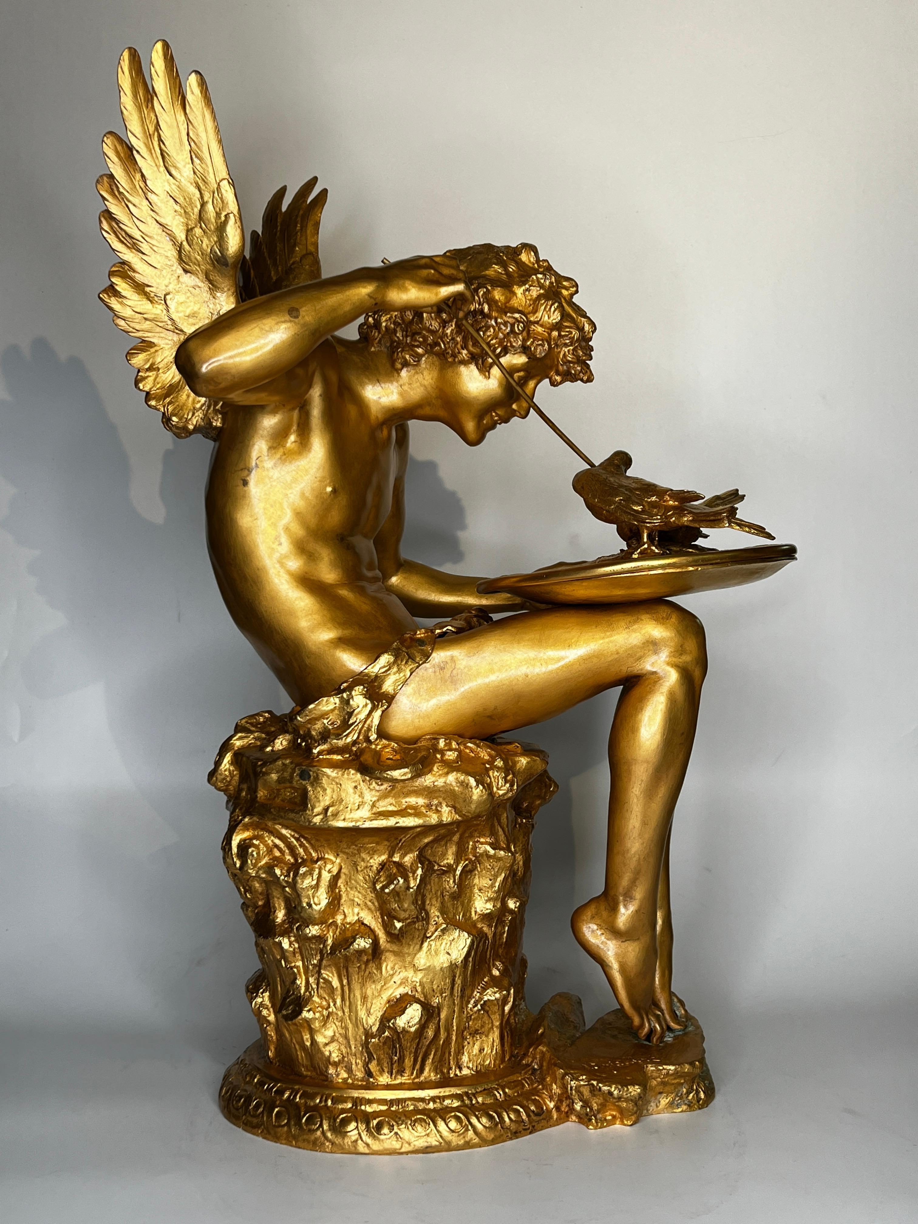 Bronze Amour Aux Colombes - Sculpture en bronze doré d'après Jean Antoine Injalbert en vente