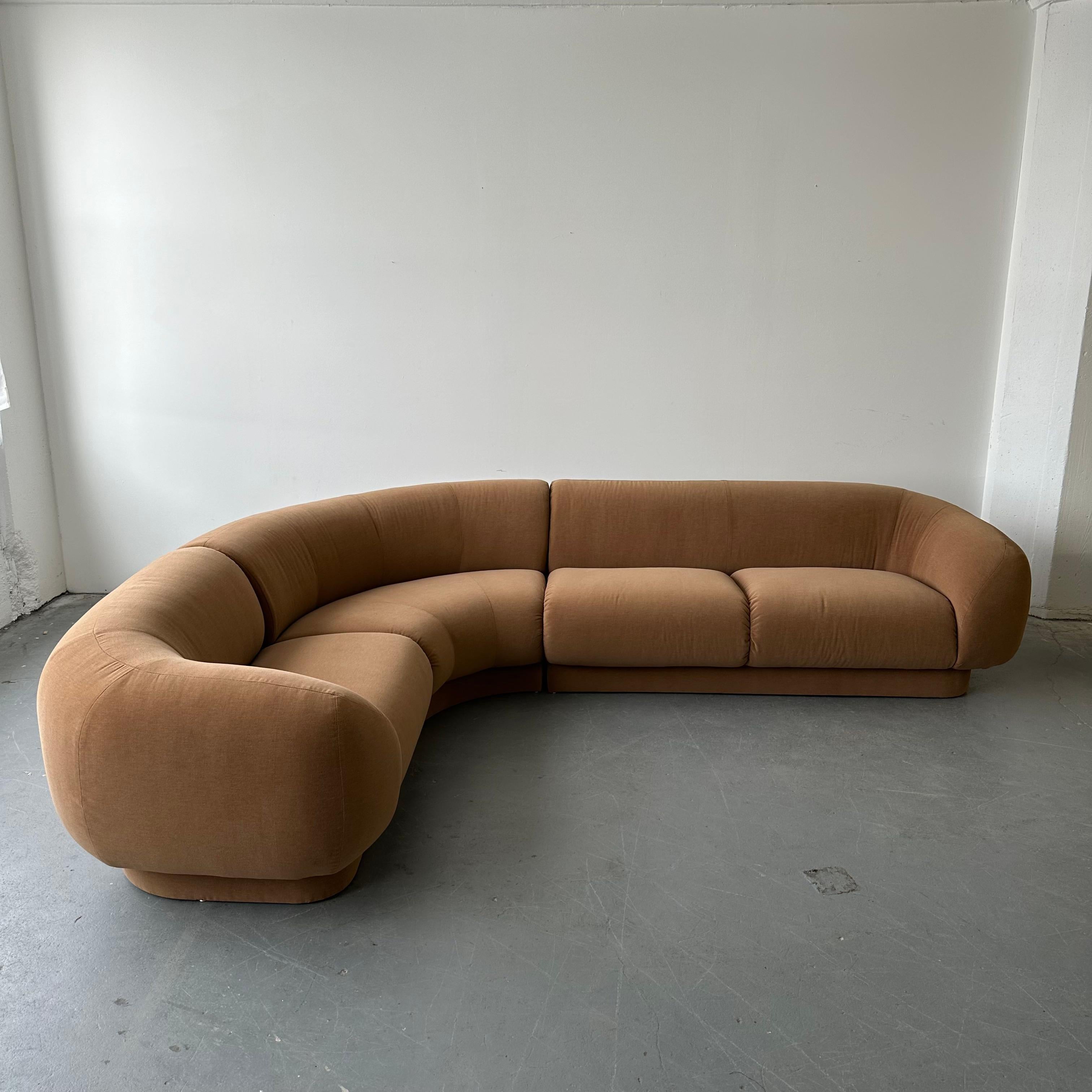 by Preview c. 1980s, freshly reupholstered in a Belgian alpaca velvet - excellent condition and incredibly comfortable. All three sections have latches that firmly hold the sectional in place

Individual Dimensions:
Small One Seater - 46