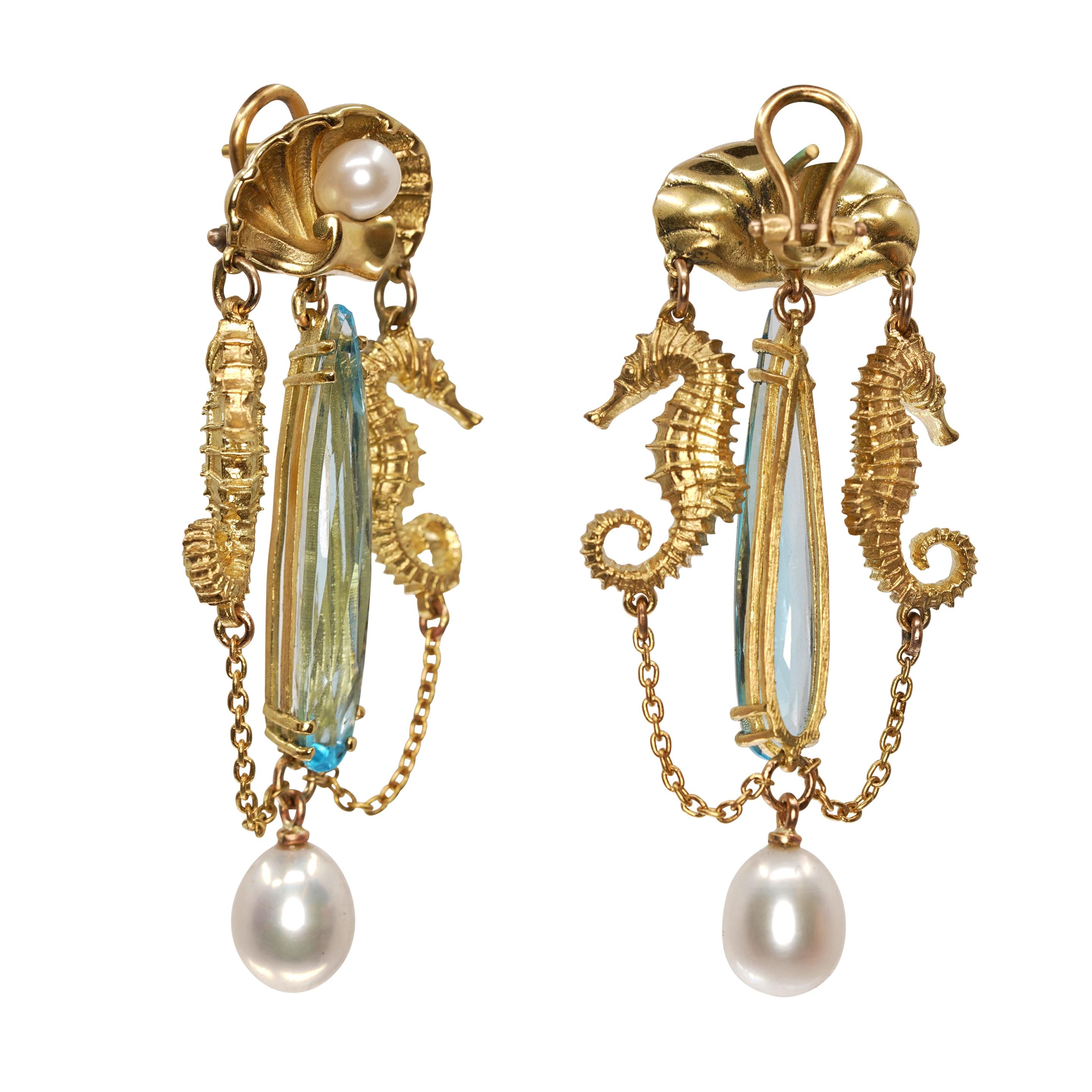 Victorian 12.6ct Swiss Blue Topaz, Pearls & 18k Yellow Gold Antique Style Dangle Earrings For Sale