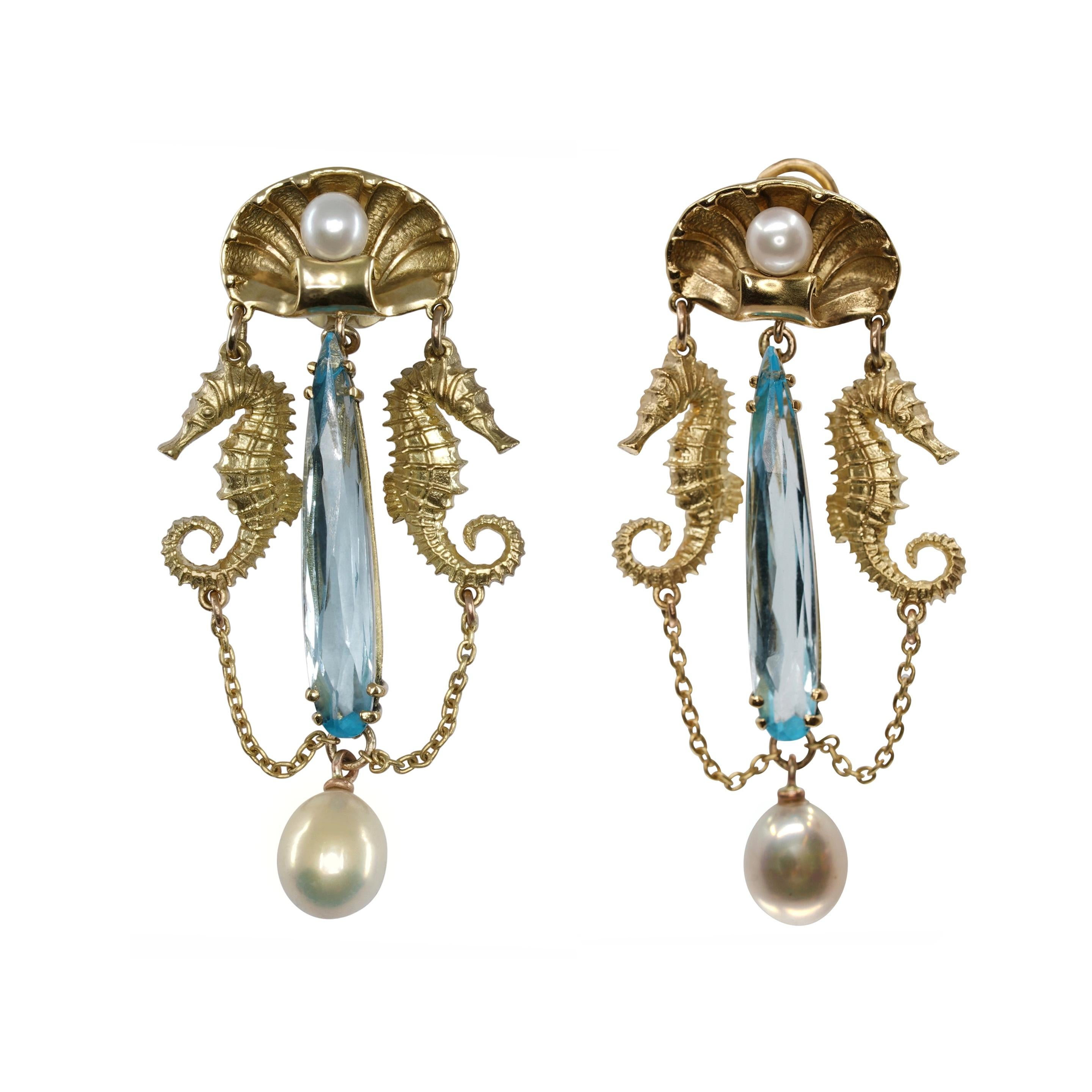 Briolette Cut 12.6ct Swiss Blue Topaz, Pearls & 18k Yellow Gold Antique Style Dangle Earrings For Sale
