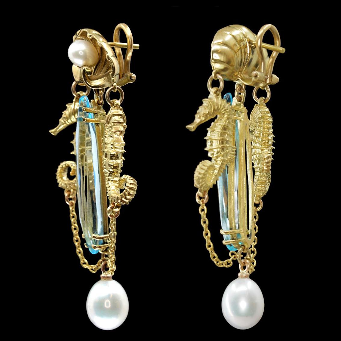 12.6ct Swiss Blue Topaz, Pearls & 18k Yellow Gold Antique Style Dangle Earrings In New Condition For Sale In Melbourne, Vic