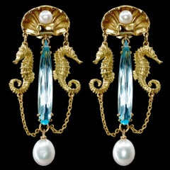12.6ct Swiss Blue Topaz, Pearls & 18k Yellow Gold Antique Style Dangle Earrings