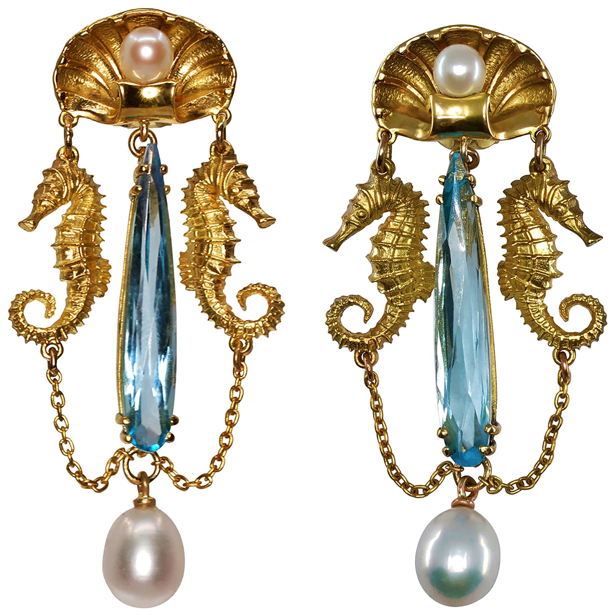 12.6ct Swiss Blue Topaz, Pearls & 18k Yellow Gold Antique Style Dangle Earrings