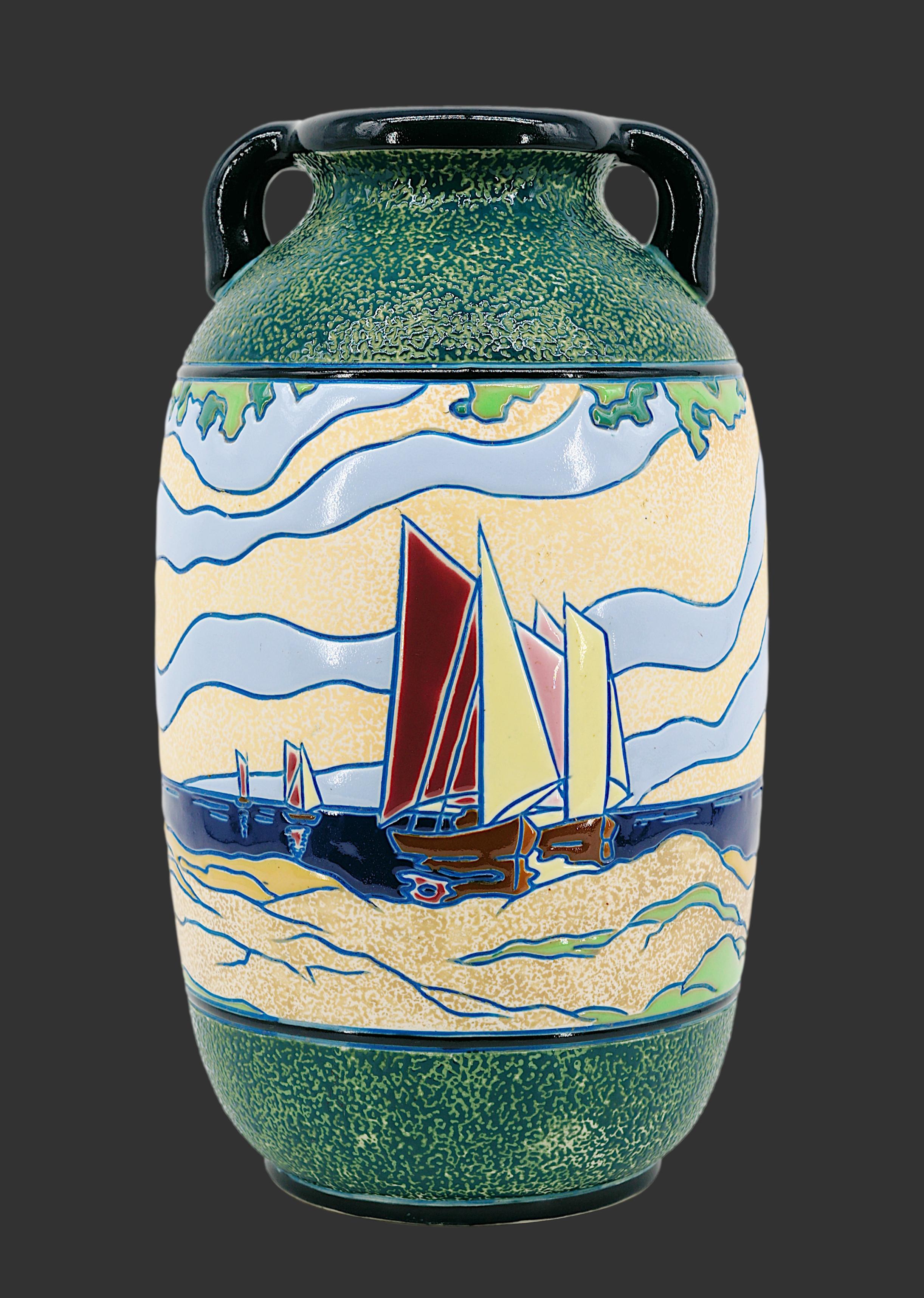 Large Art Deco vase by AMPHORA (Turn Teplitz, Bohemia), Czech Republic, late 1920s. This vase was produced for France. Large vase with two small handles. Rotating enameled Art Deco decoration representing fishing boats returning to port and on the