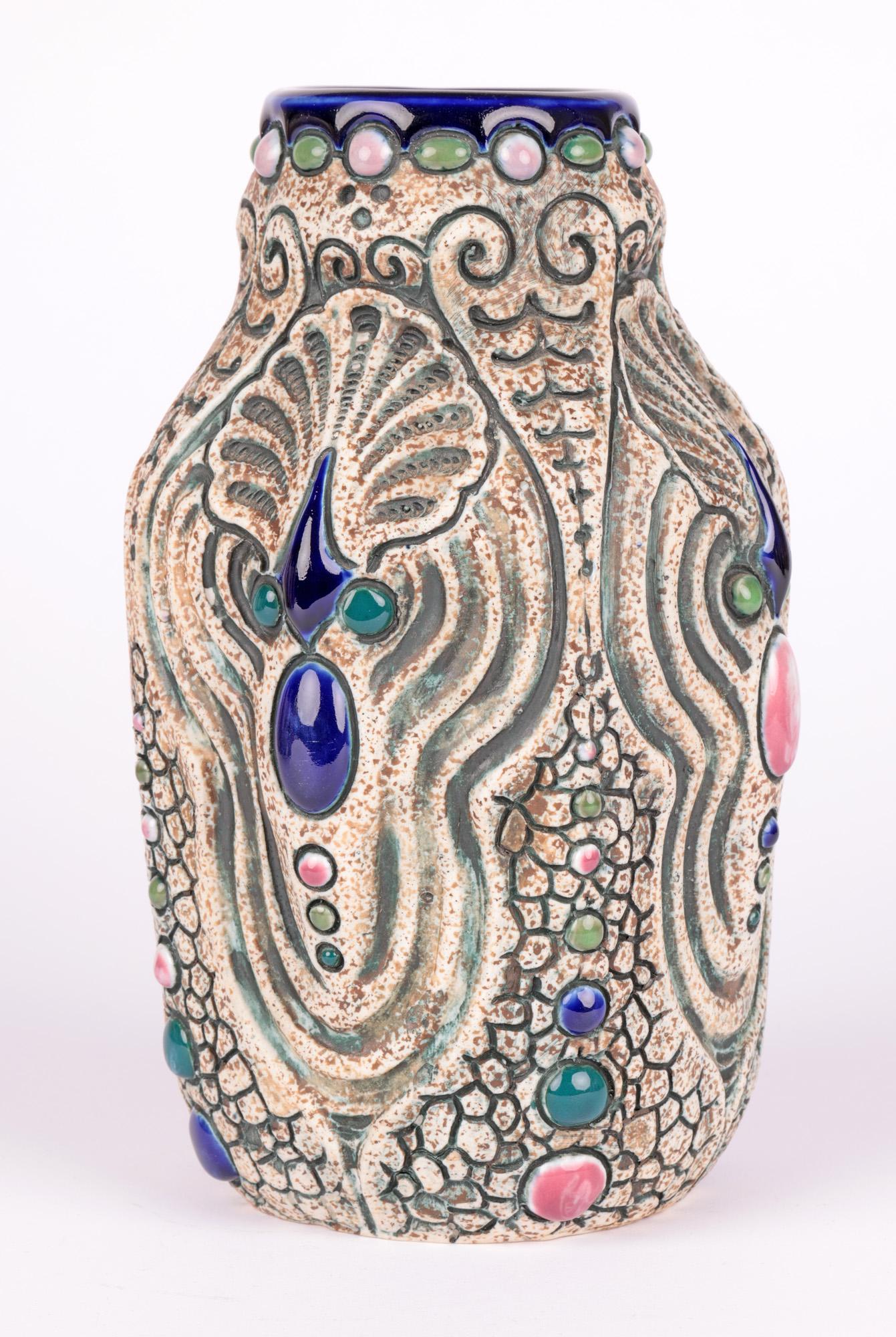 Amphora Czech Art Deco Jewelled Art Pottery Vase In Good Condition For Sale In Bishop's Stortford, Hertfordshire