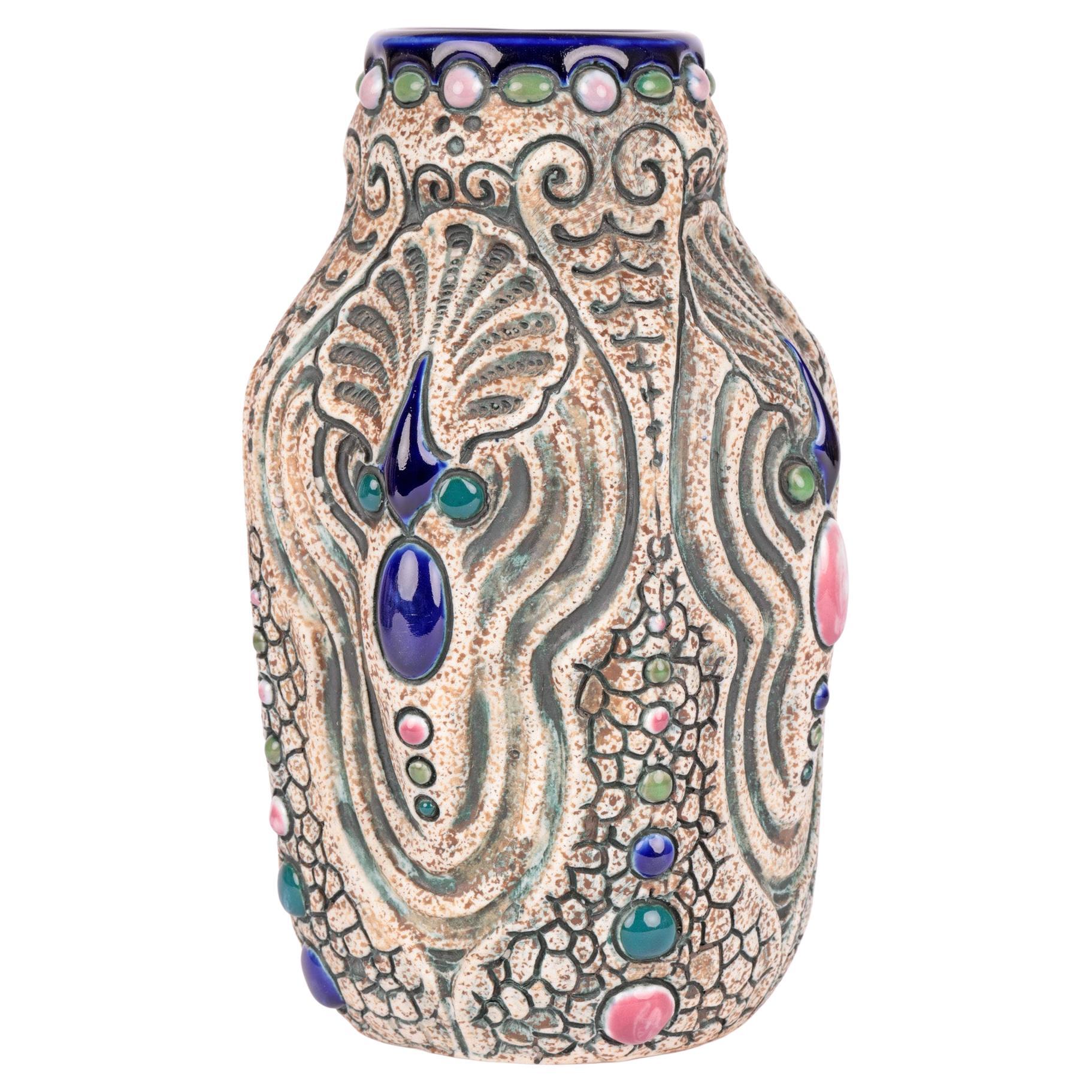 Amphora Czech Art Deco Jewelled Art Pottery Vase For Sale