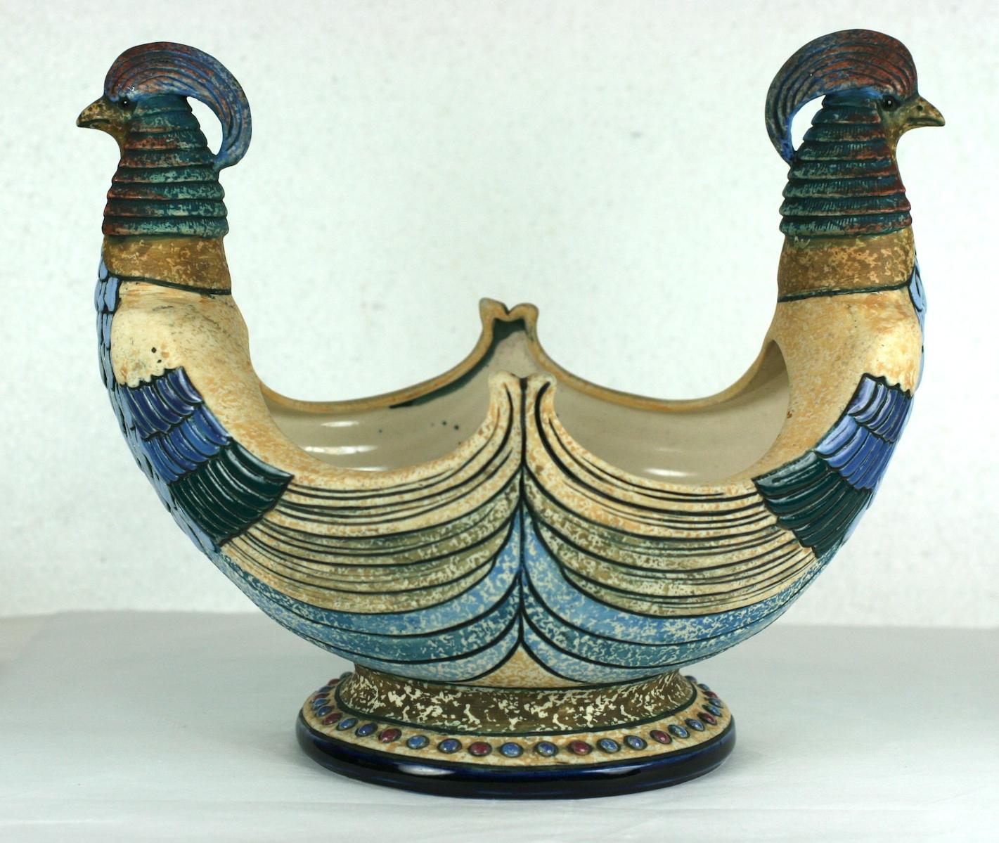 Gorgeous Amphora double headed pheasant bowl from the Arts & Crafts era featuring a pheasant head on each end of the bowl. Created in the Teplitz-Turn area of the Czech Republic this wonderful piece carries the Amphora Works Riessner mark dating it