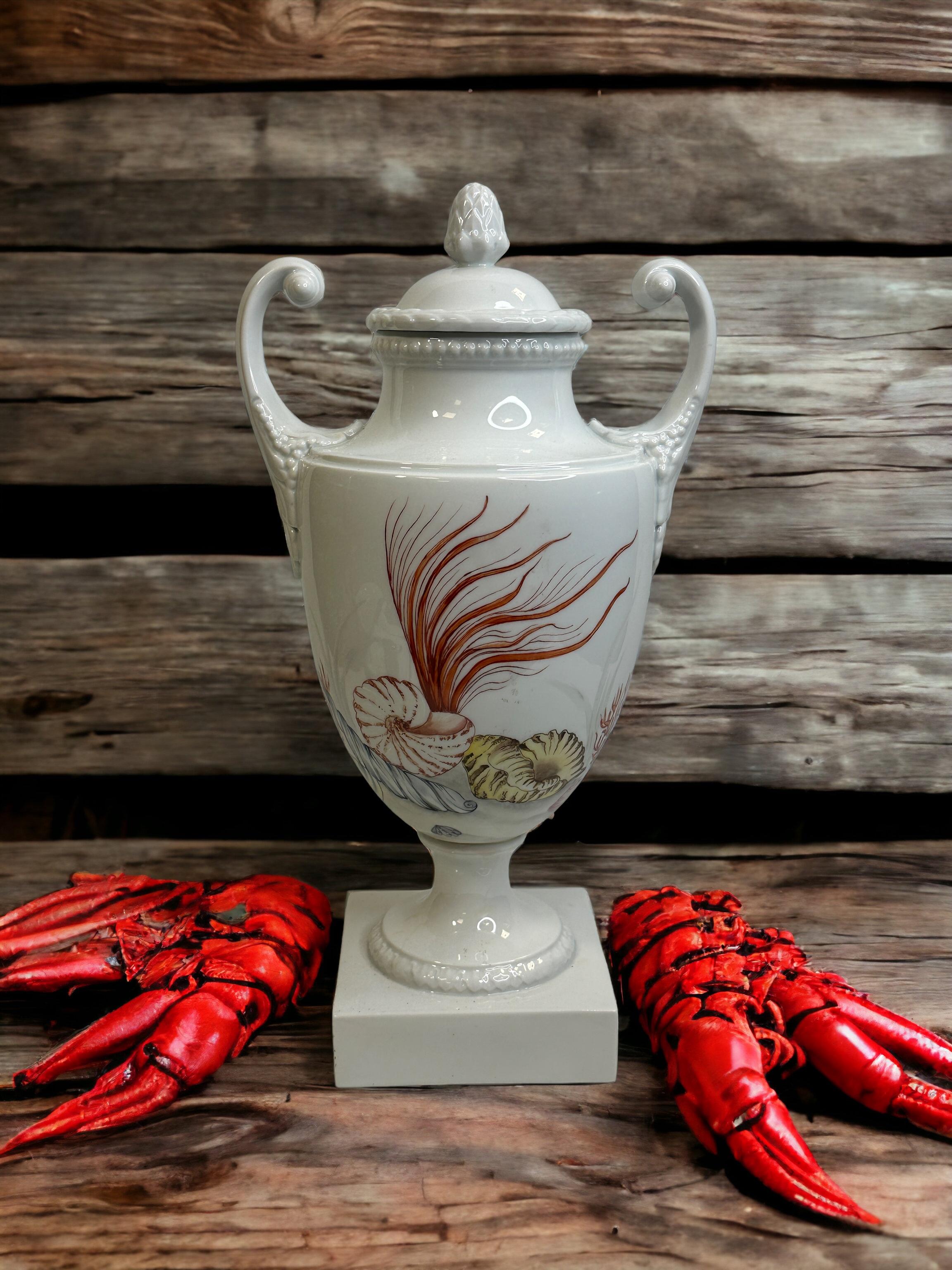 Louis XV Amphora lidded Vase with Sea Creatures Motif by Lindner Porcelain vintage 1960s For Sale