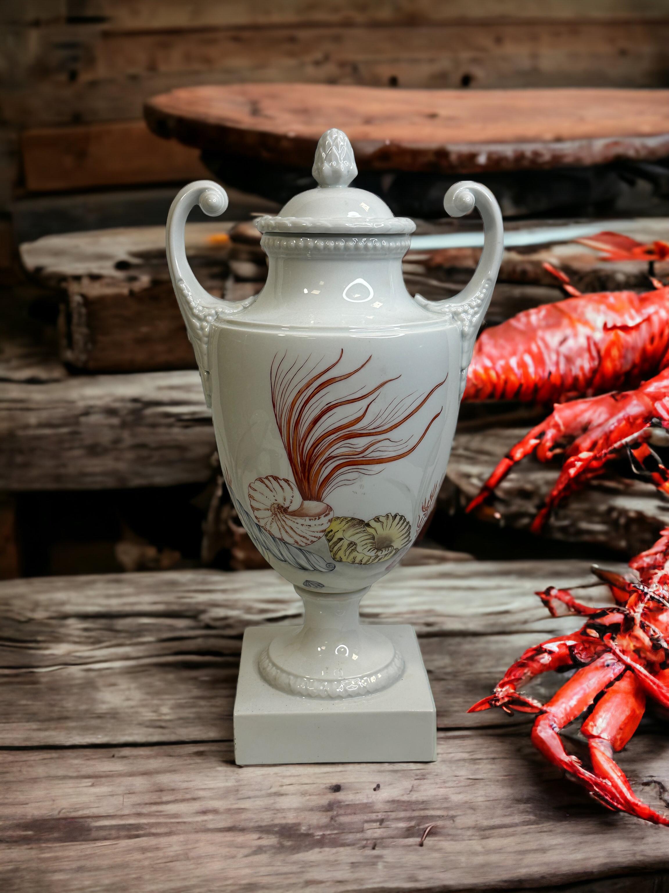 German Amphora lidded Vase with Sea Creatures Motif by Lindner Porcelain vintage 1960s For Sale