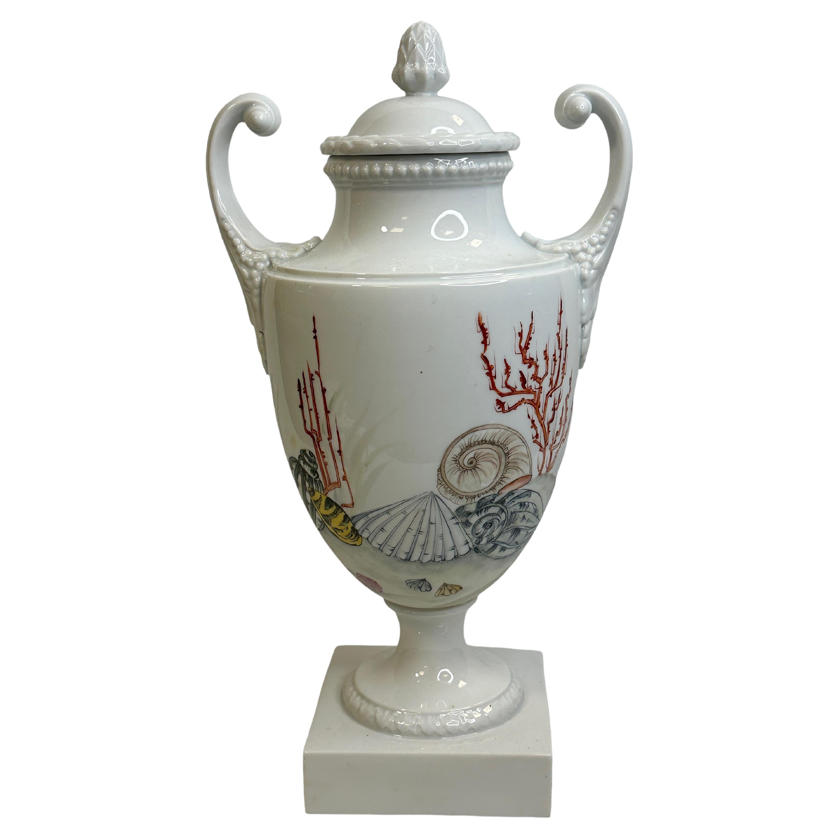 Amphora-Vase mit Deckel und Meeres Kreationen-Motiv von Lindner Porzellan Vintage 1960er Jahre