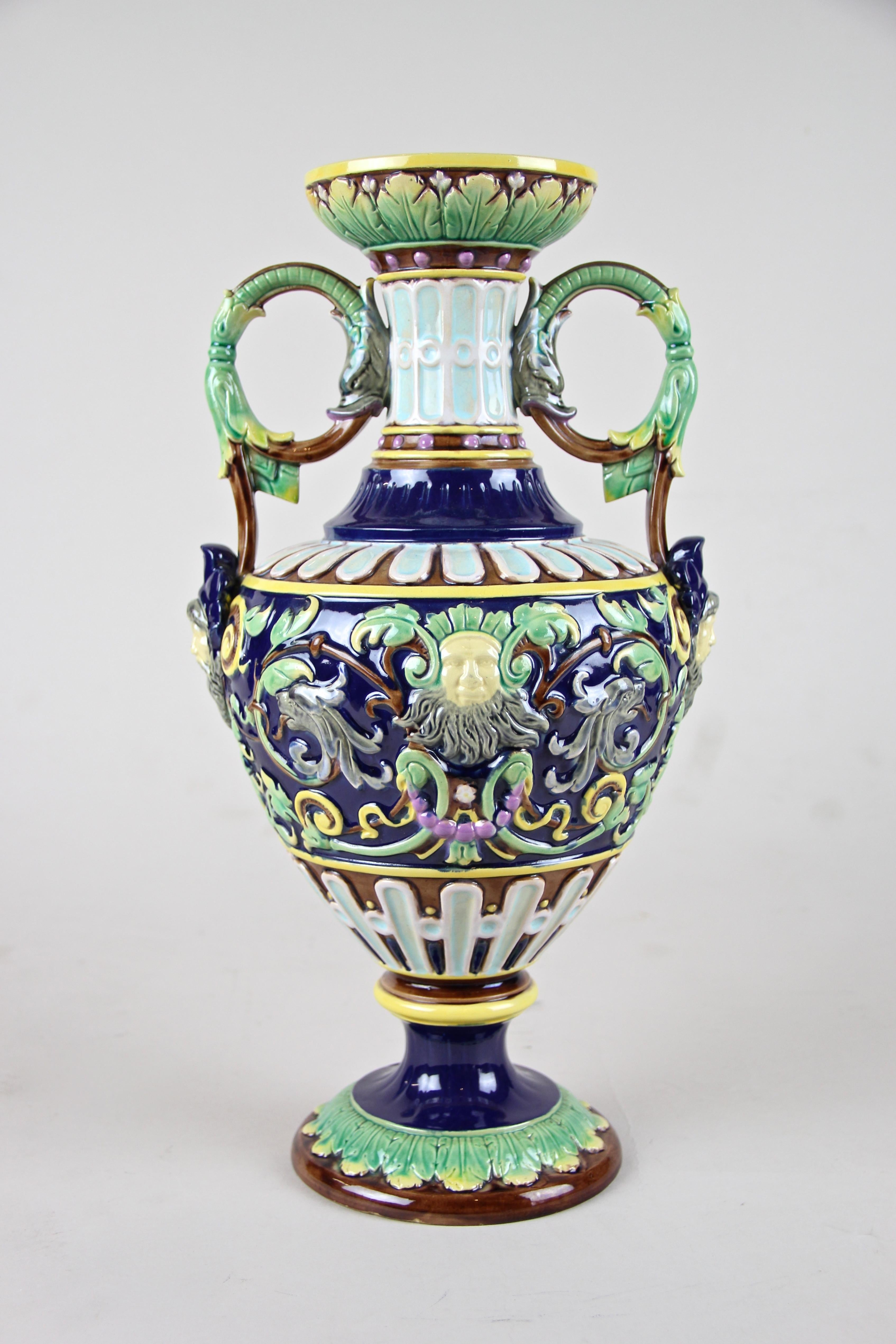 Hand-Painted Amphora Majolica Vase by Wilhelm Schiller & Son, Bohemia, circa 1880