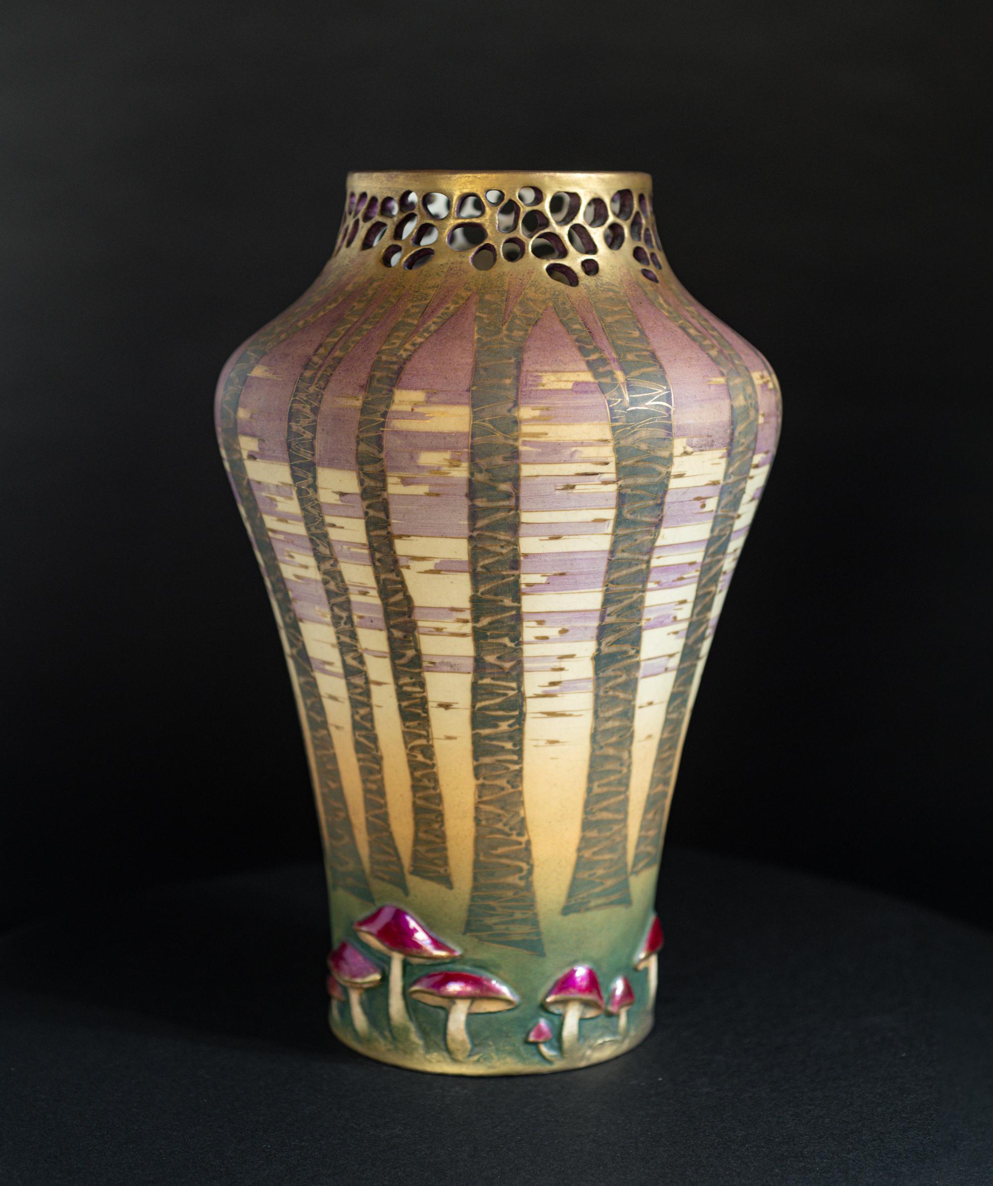 Art Nouveau Amphora Reticulated Vase with Forest & Mushroom by Paul Dachsel for Kunstkeramik