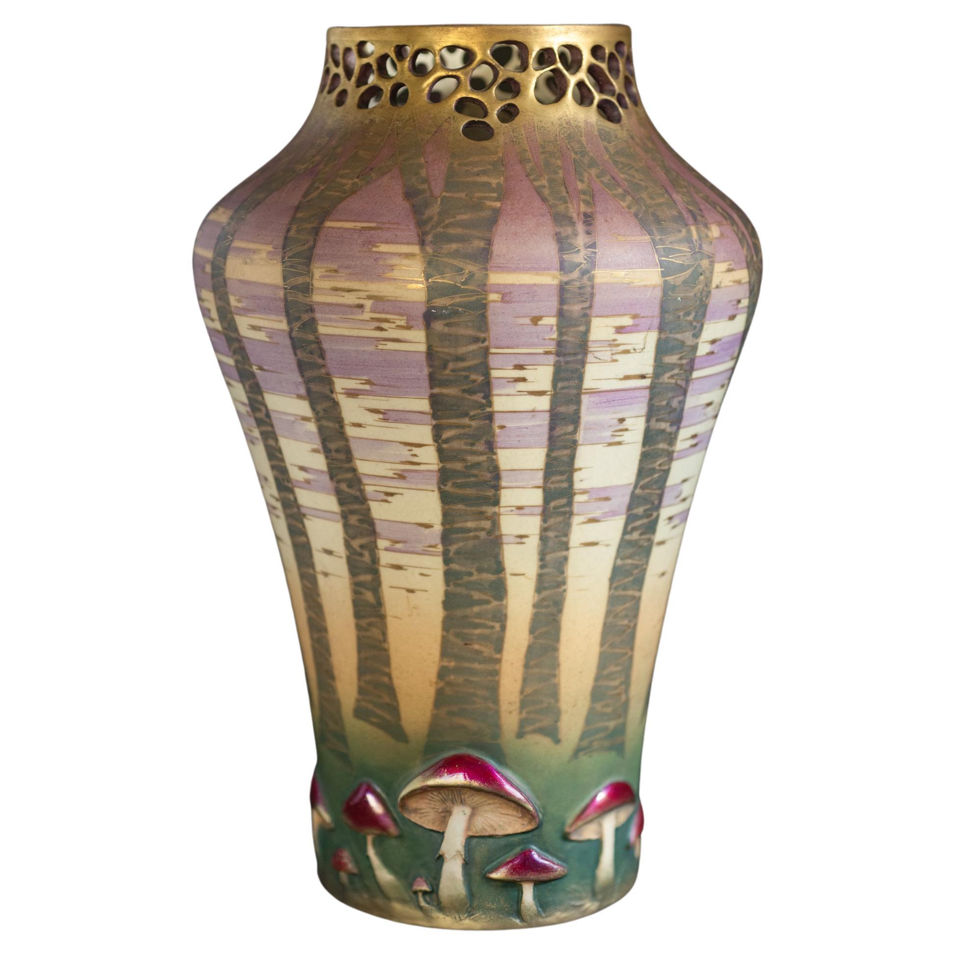 Amphora Reticulated Vase with Forest & Mushroom by Paul Dachsel for Kunstkeramik
