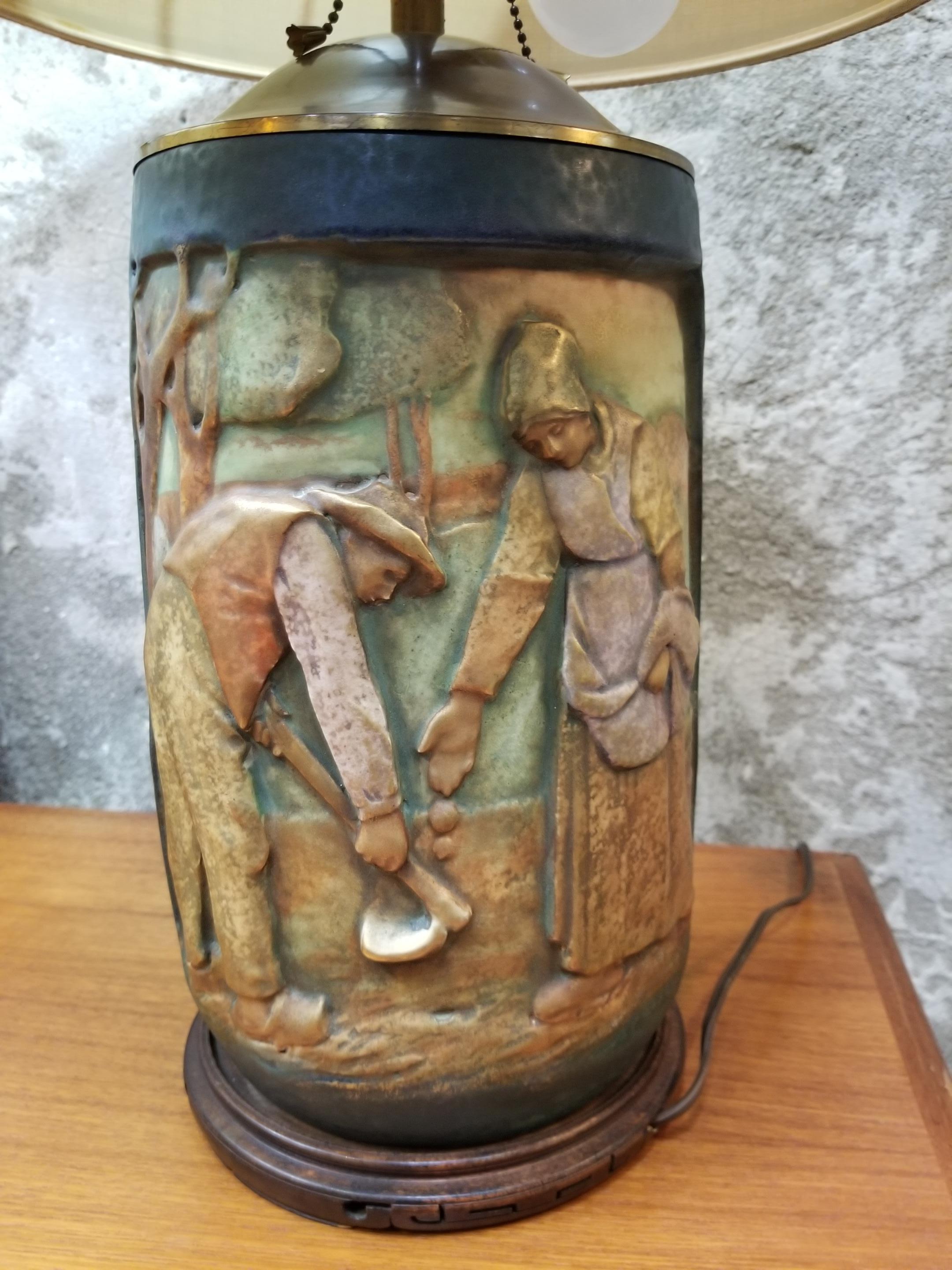 Austrian Amphora Scenic Arts & Crafts Era Ceramic Table Lamp For Sale