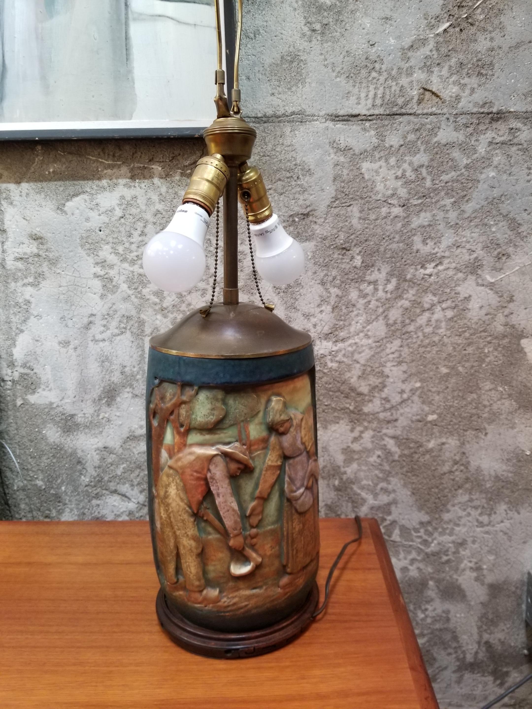 Brass Amphora Scenic Arts & Crafts Era Ceramic Table Lamp For Sale