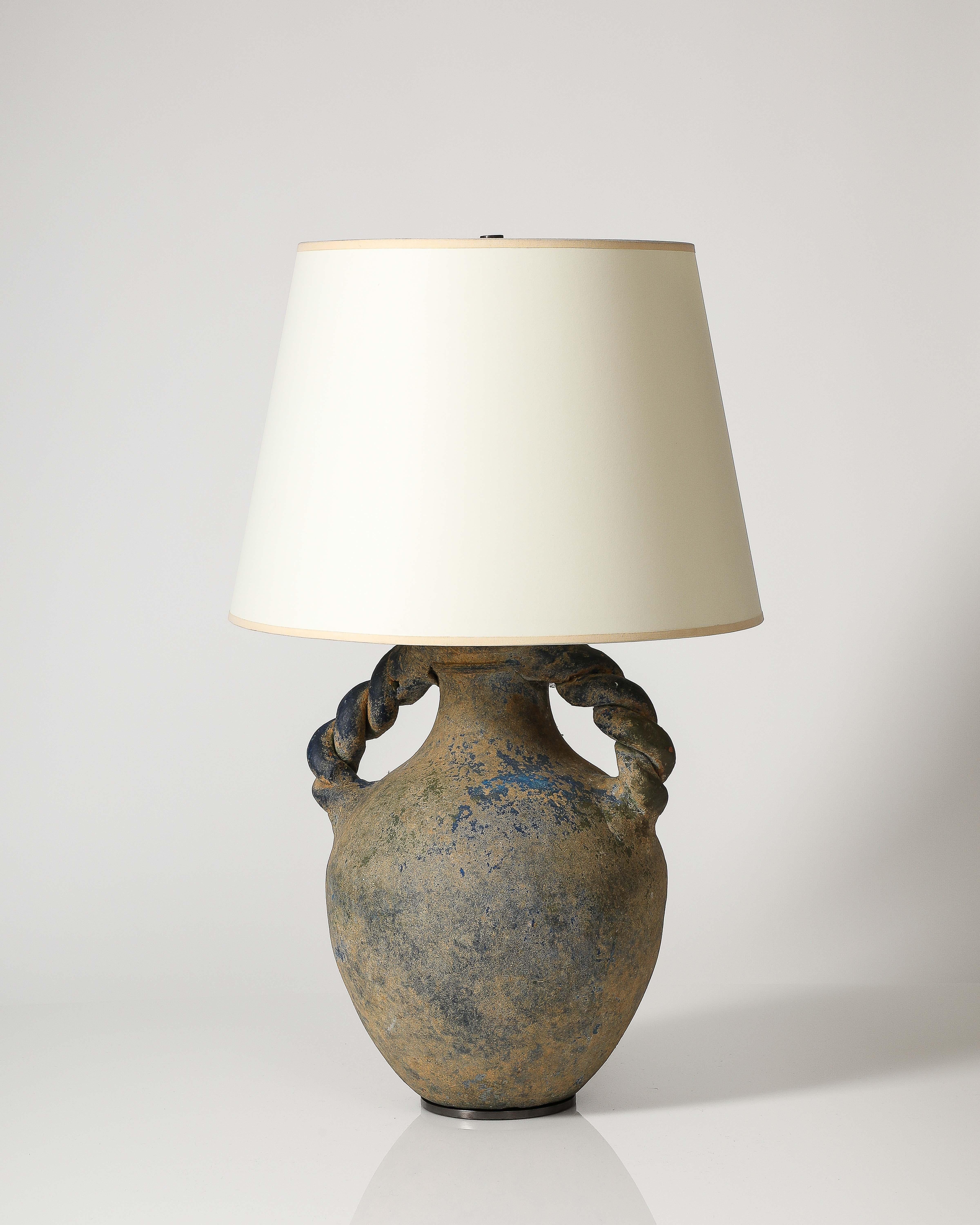 Amphora shaped glazed ceramic table lamp.
