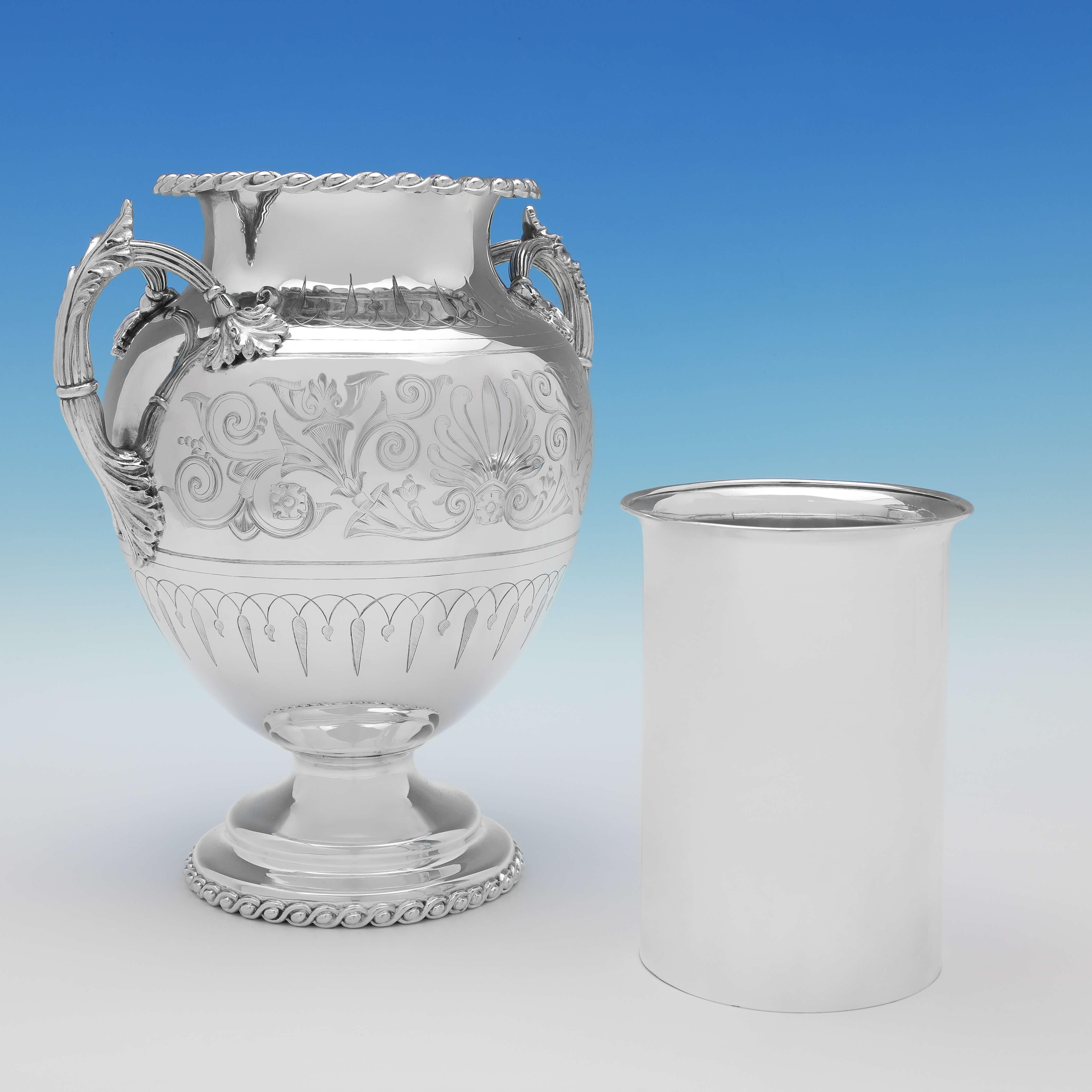 English Amphora Shaped Neoclassical Revival Silver Plated Pair of Wine Coolers from 1855