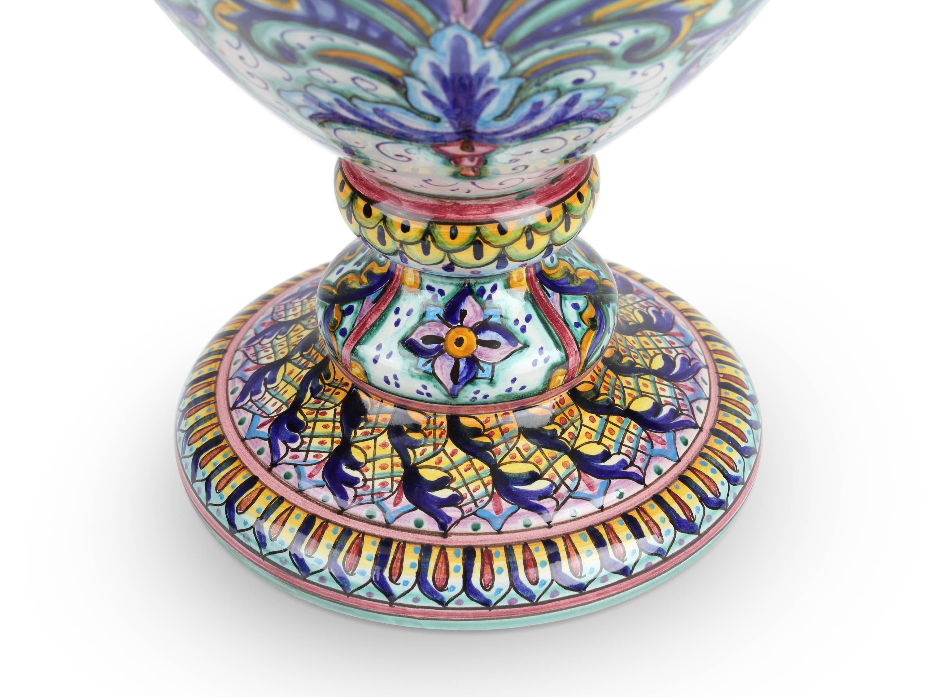 Hand-Crafted Vase Amphora Hand Painted Ornament Handles Majolica Renaissance Vessel Ceramic For Sale