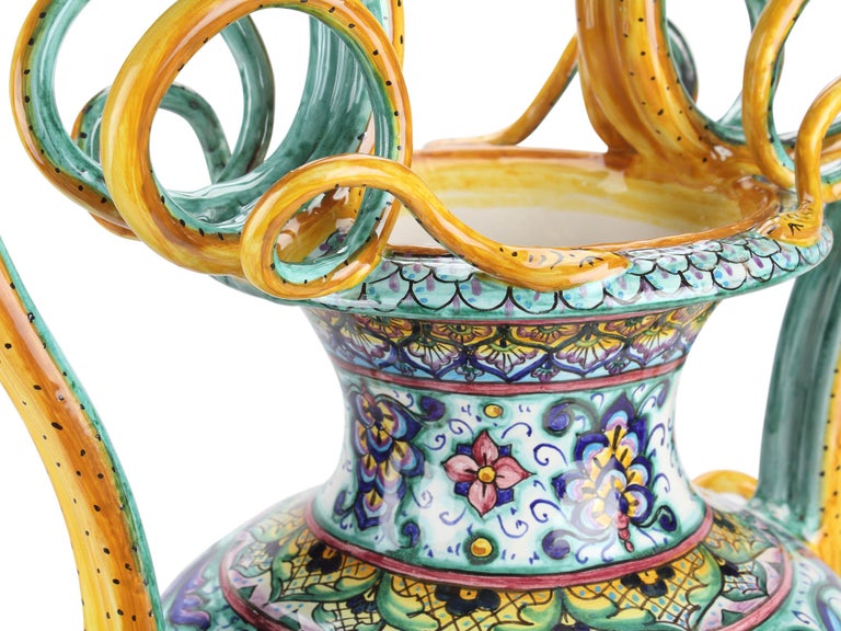 Vase Amphora Hand Painted Ornament Handles Majolica Renaissance Vessel