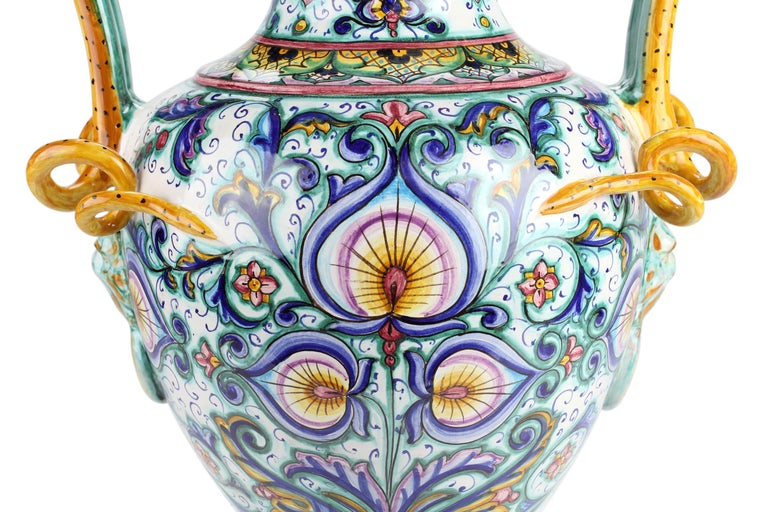 Vase Amphora Hand Painted Ornament Handles Majolica Renaissance Vessel