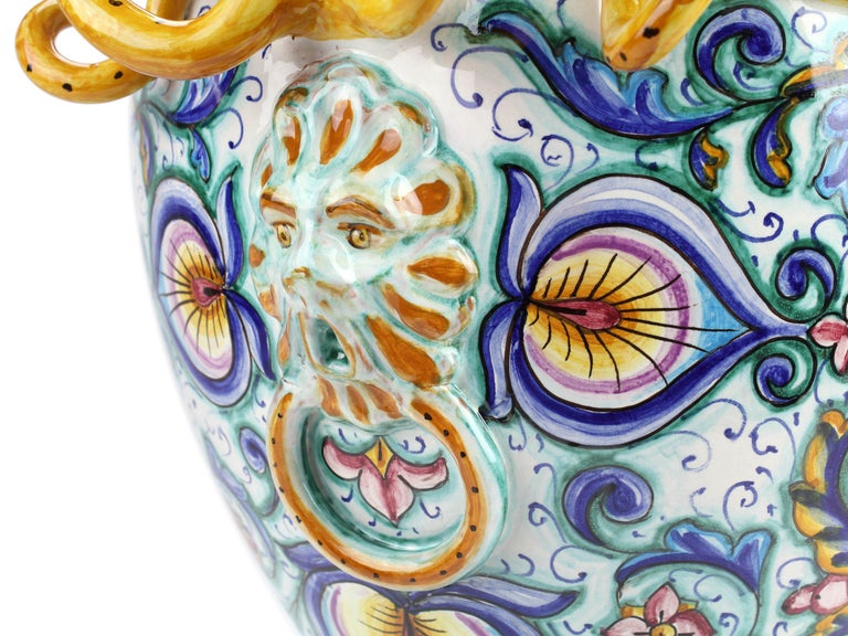 Vase Amphora Hand Painted Ornament Handles Majolica Renaissance Vessel