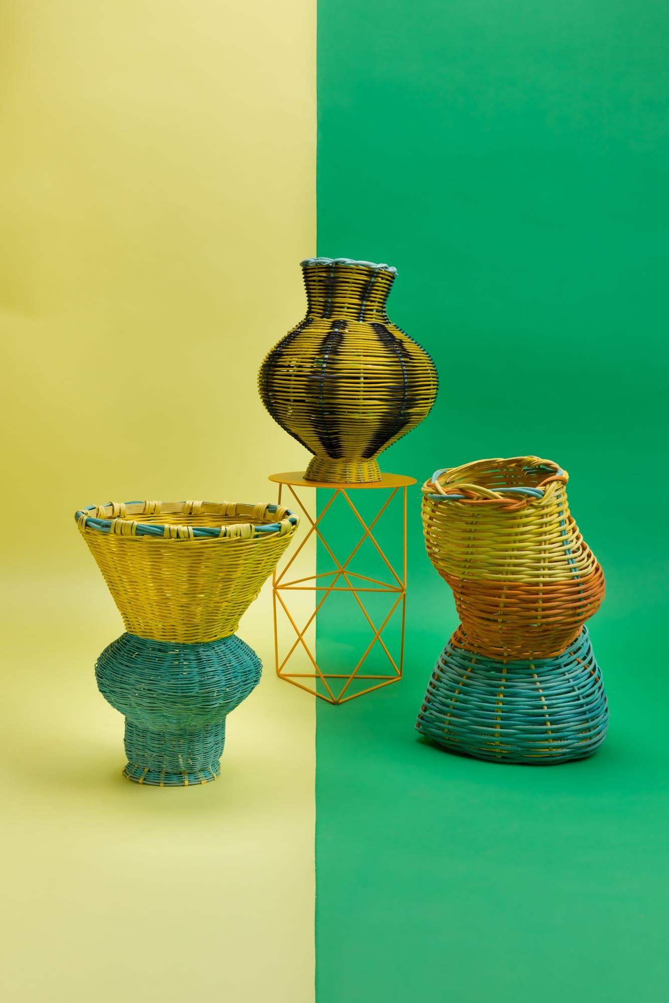 Amphora Woven Vase in Lemon/Black/Emerald by Studio Herron In New Condition In Chicago, IL
